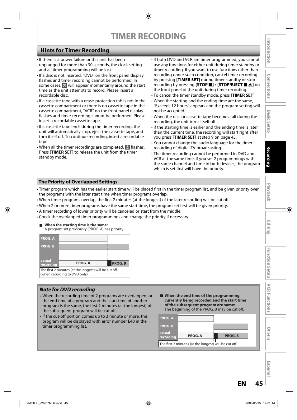 Timer recording, 45 en 45 en, Hints for timer recording | FUNAI ZV457MG9 User Manual | Page 47 / 110
