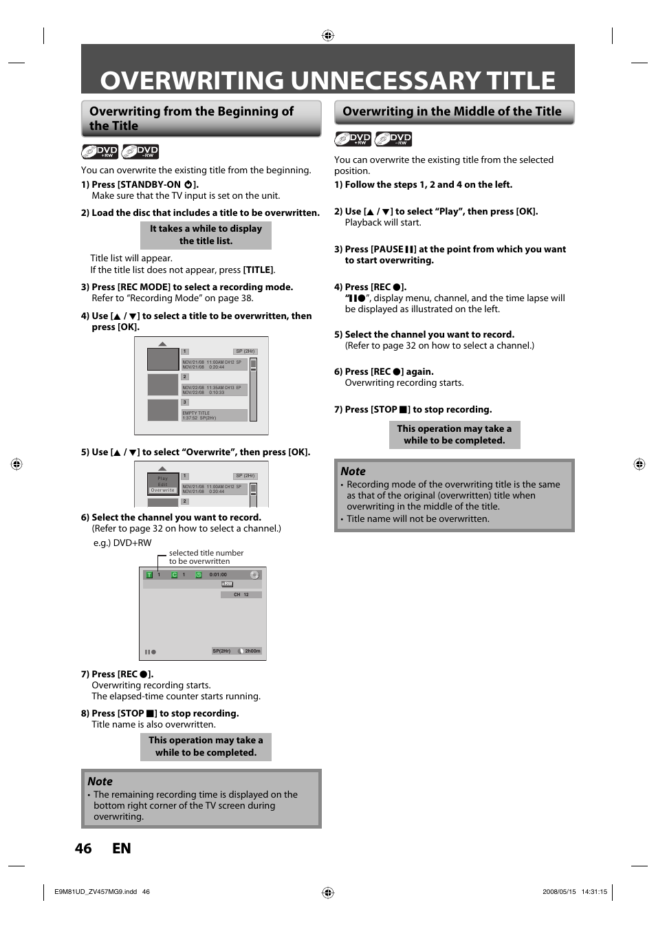 Overwriting unnecessary title, 46 en 46 en, Overwriting from the beginning of the title | Overwriting in the middle of the title | FUNAI ZV457MG9 User Manual | Page 48 / 110