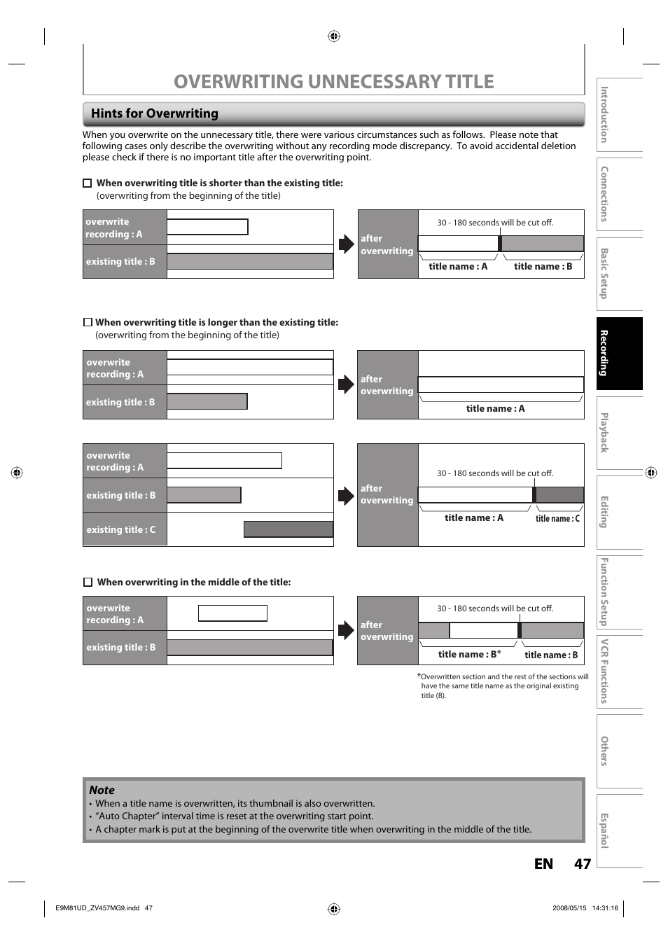 Overwriting unnecessary title, 47 en 47 en, Hints for overwriting | FUNAI ZV457MG9 User Manual | Page 49 / 110