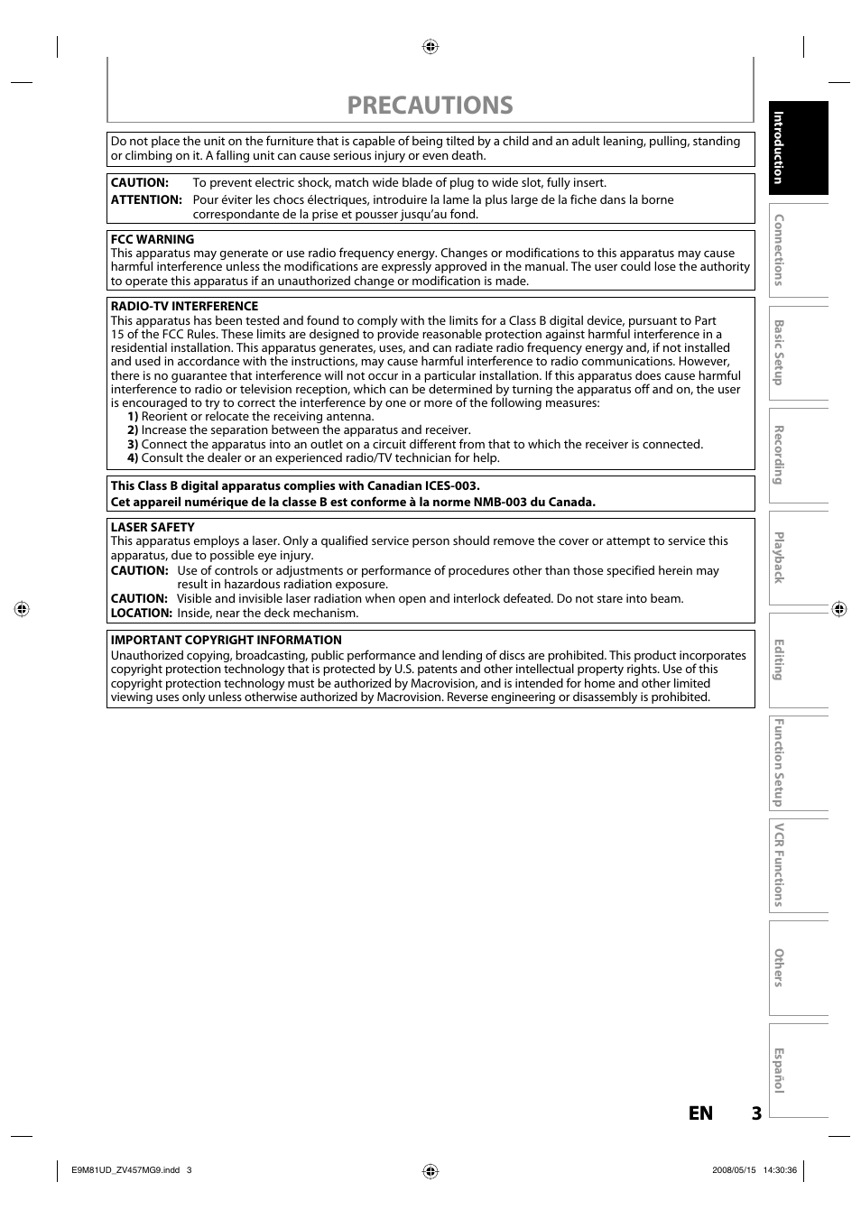 Precautions, 3en 3 en | FUNAI ZV457MG9 User Manual | Page 5 / 110