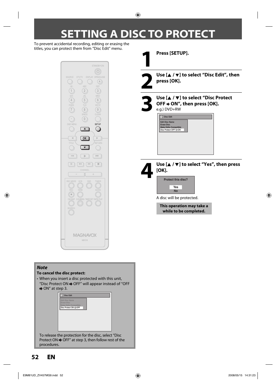 Setting a disc to protect, 52 en 52 en, Press [setup | Use [ k, Use [ k / l ] to select “yes”, then press [ok | FUNAI ZV457MG9 User Manual | Page 54 / 110