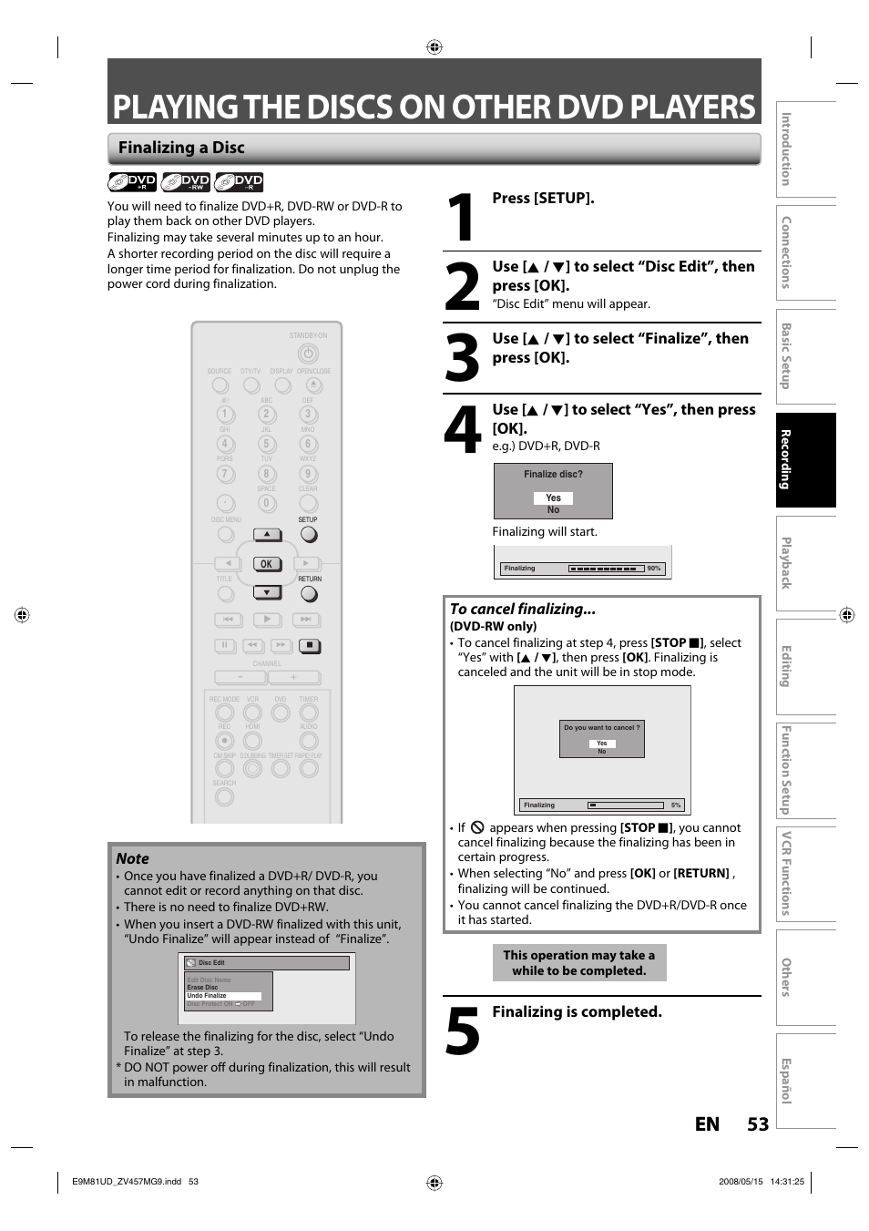 Playing the discs on other dvd players, 53 en 53 en, Finalizing a disc | FUNAI ZV457MG9 User Manual | Page 55 / 110