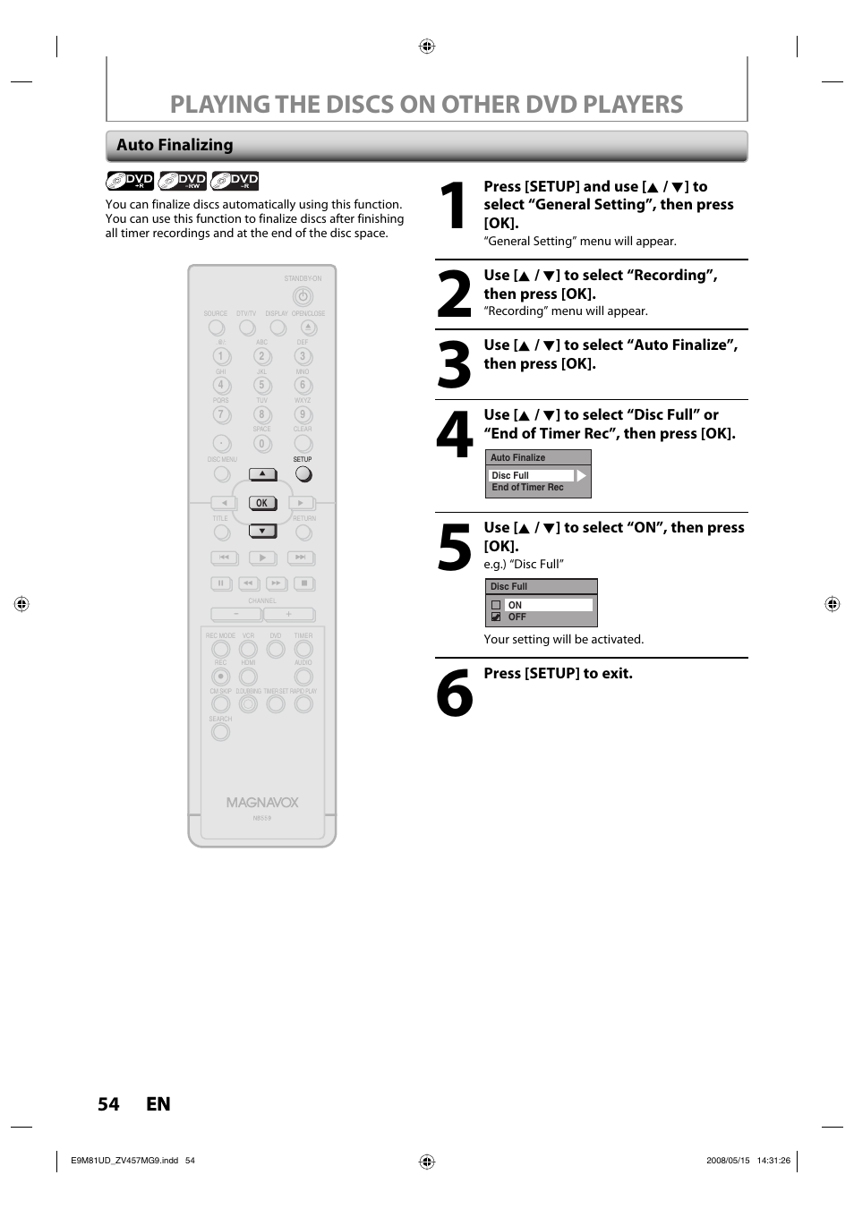 Playing the discs on other dvd players, 54 en 54 en, Auto finalizing | FUNAI ZV457MG9 User Manual | Page 56 / 110