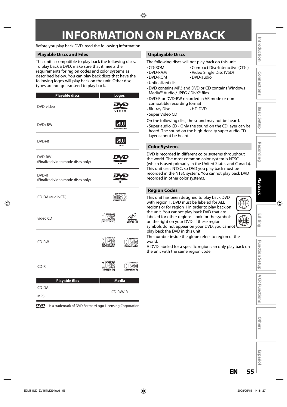 Information on playback, 55 en 55 en | FUNAI ZV457MG9 User Manual | Page 57 / 110
