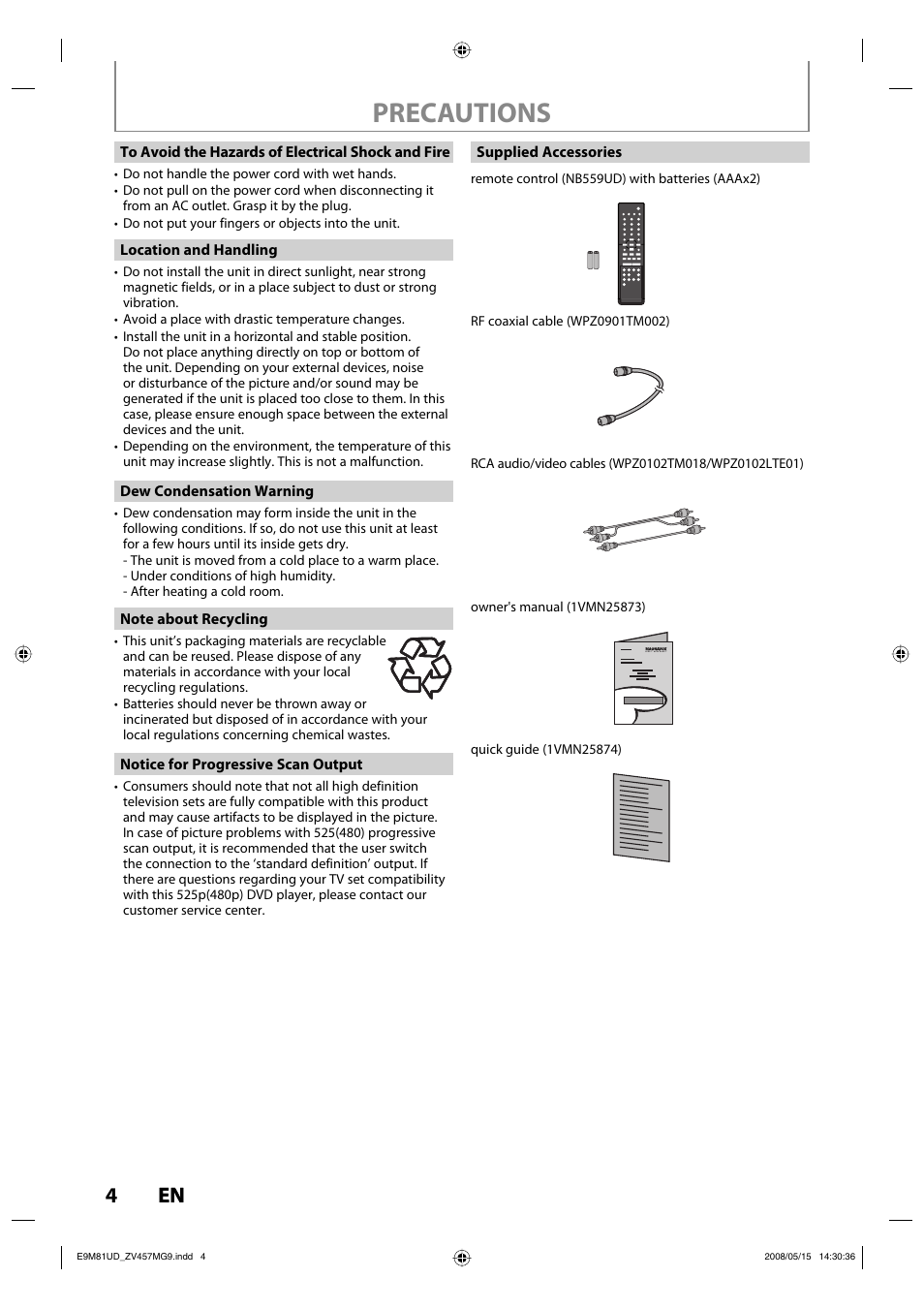 Precautions, 4en 4 en | FUNAI ZV457MG9 User Manual | Page 6 / 110