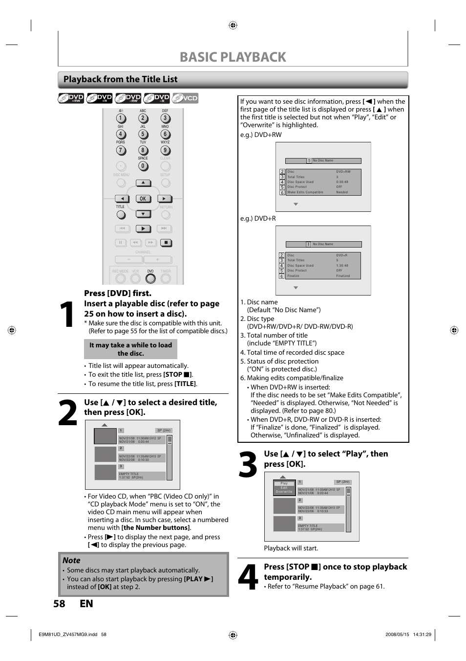 Basic playback, 58 en 58 en, Playback from the title list | Press [dvd] first, Use [ k / l ] to select “play”, then press [ok, Press [stop c ] once to stop playback temporarily | FUNAI ZV457MG9 User Manual | Page 60 / 110