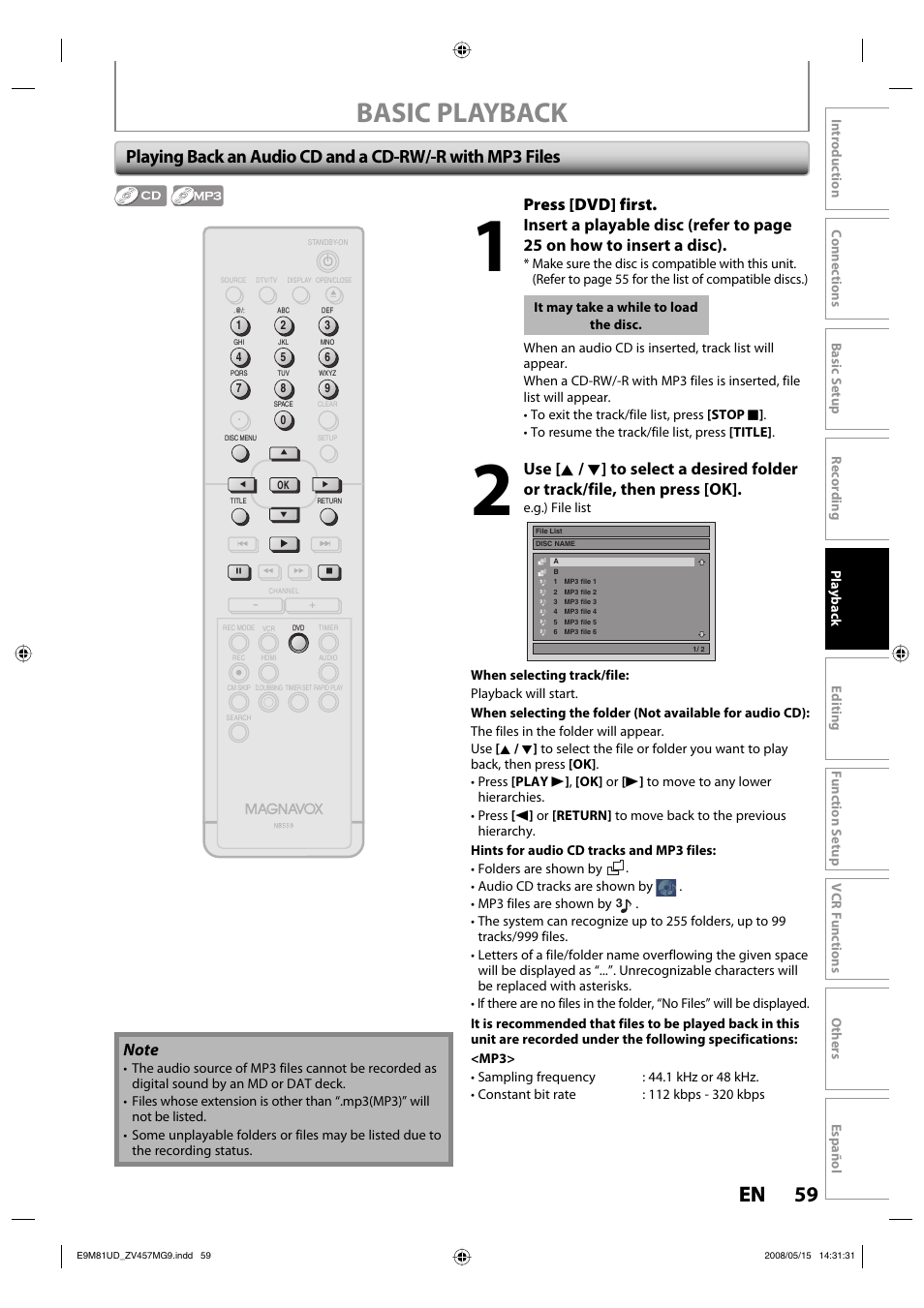 Basic playback, 59 en 59 en, Press [dvd] first | FUNAI ZV457MG9 User Manual | Page 61 / 110
