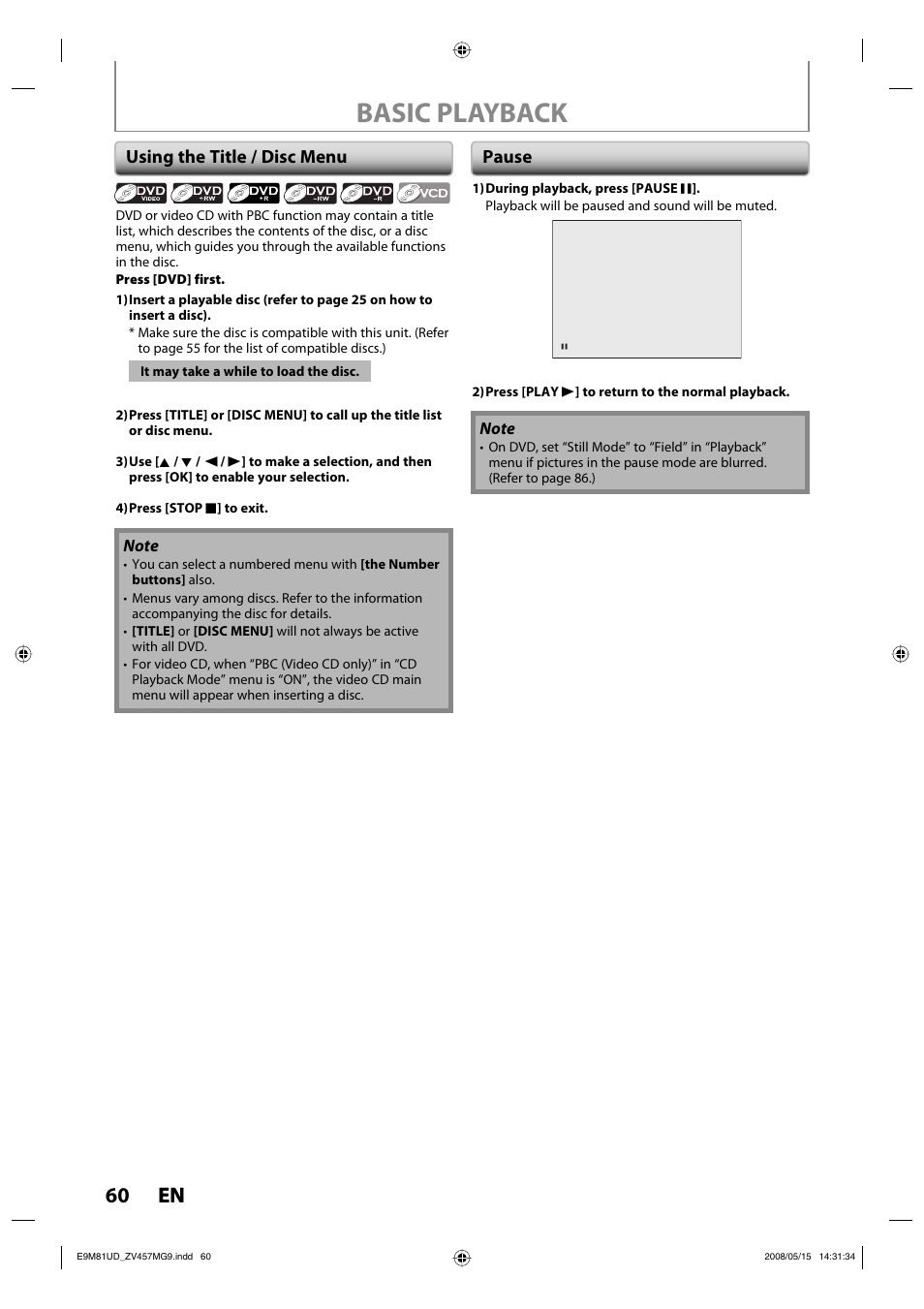 Basic playback, 60 en 60 en, Using the title / disc menu | Pause | FUNAI ZV457MG9 User Manual | Page 62 / 110