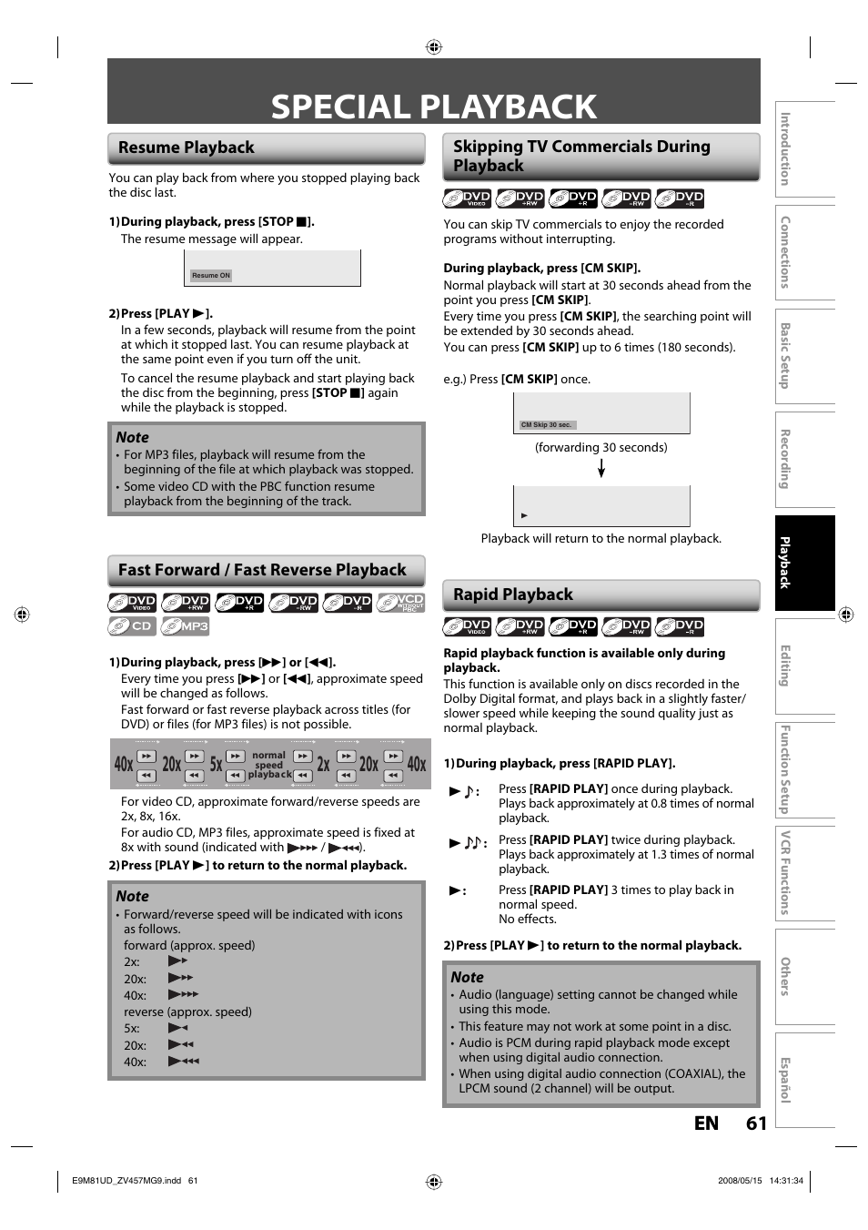 Special playback, 61 en 61 en, Resume playback | Rapid playback | FUNAI ZV457MG9 User Manual | Page 63 / 110