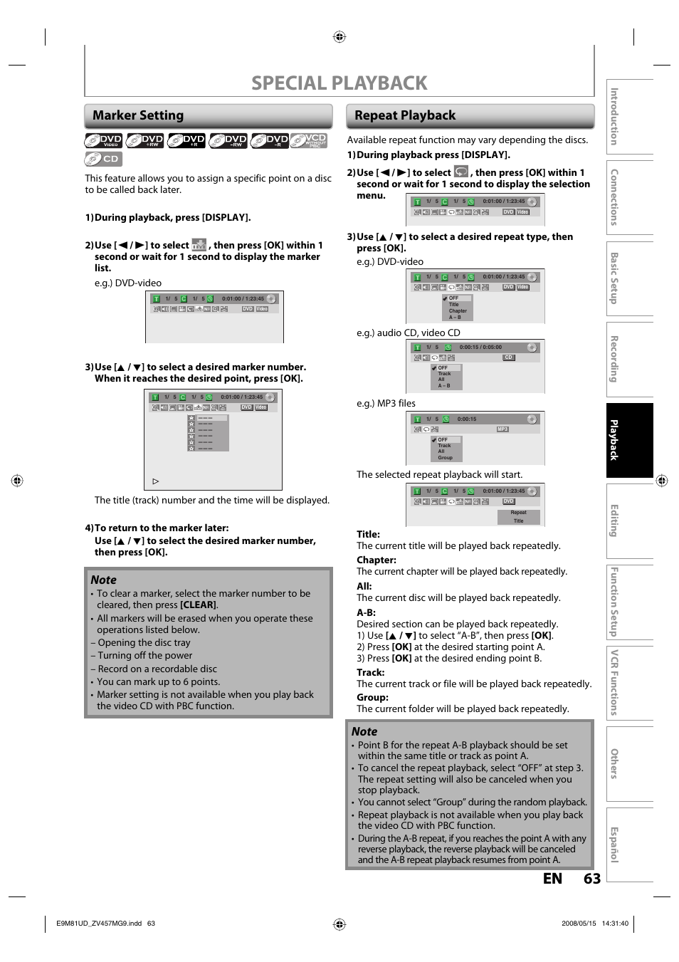 Special playback, 63 en 63 en, Marker setting | Repeat playback | FUNAI ZV457MG9 User Manual | Page 65 / 110