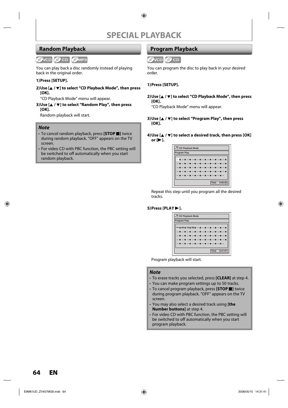 Special playback, 64 en 64 en, Random playback | Program playback, Program playback will start | FUNAI ZV457MG9 User Manual | Page 66 / 110