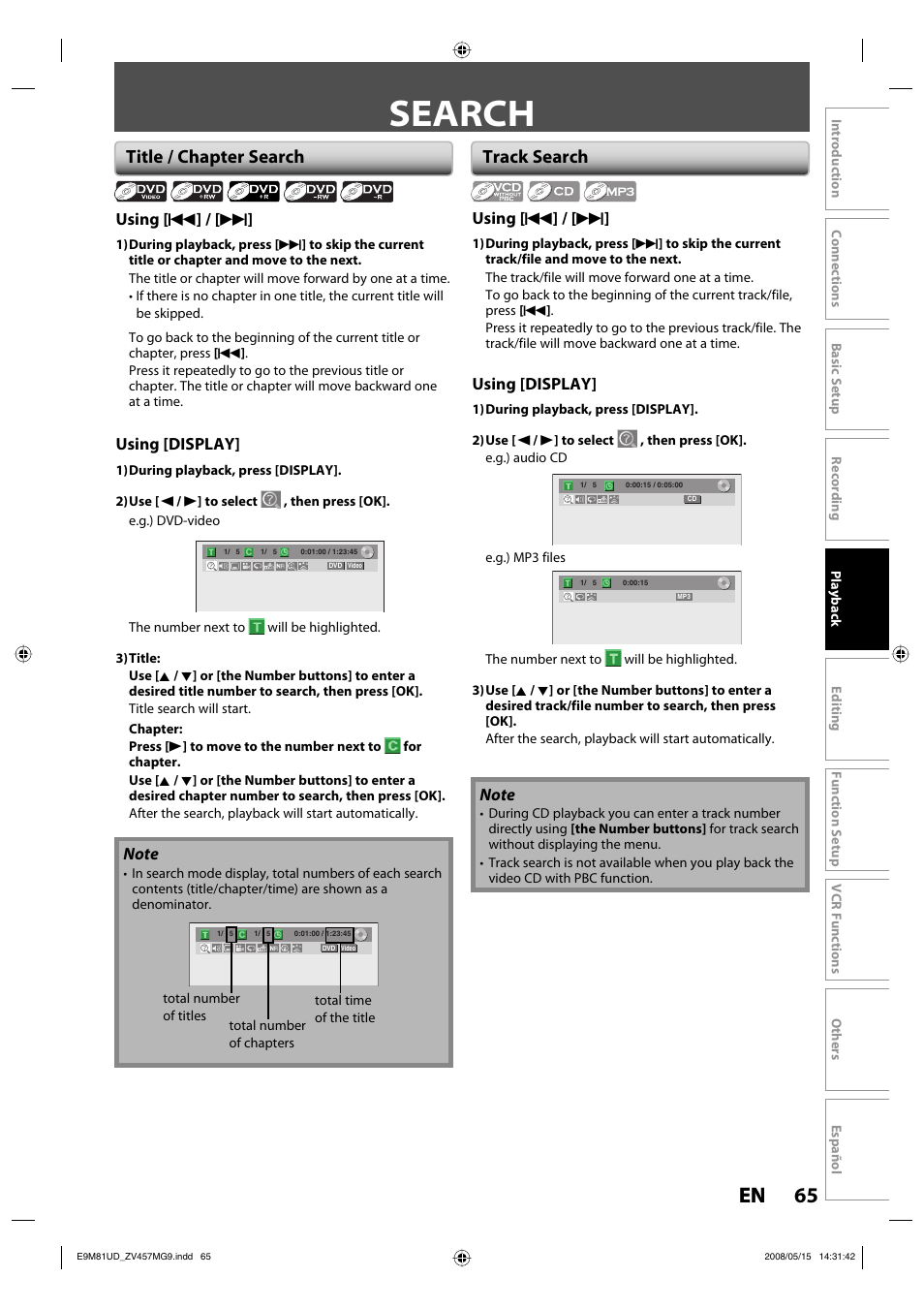 Search, 65 en 65 en, Title / chapter search | Track search | FUNAI ZV457MG9 User Manual | Page 67 / 110