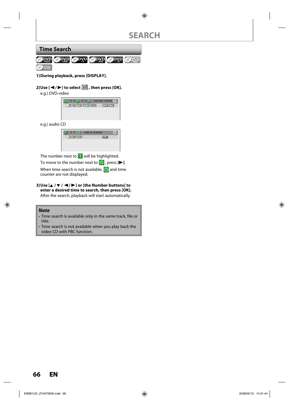 Search, 66 en 66 en, Time search | FUNAI ZV457MG9 User Manual | Page 68 / 110