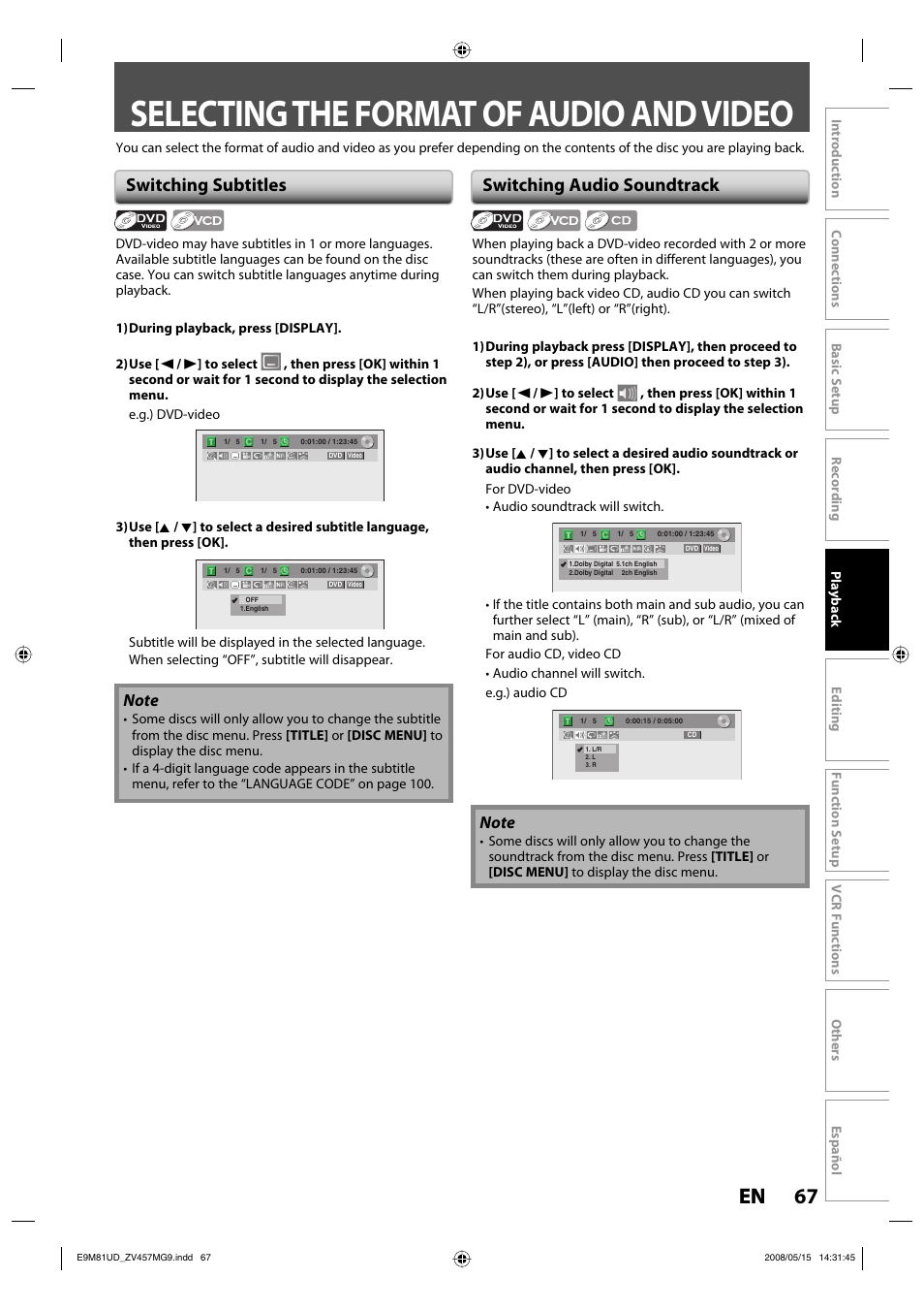 Selecting the format of audio and video, 67 en 67 en, Switching subtitles | Switching audio soundtrack | FUNAI ZV457MG9 User Manual | Page 69 / 110