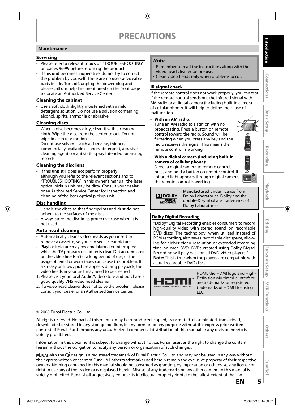 Precautions, 5en 5 en | FUNAI ZV457MG9 User Manual | Page 7 / 110