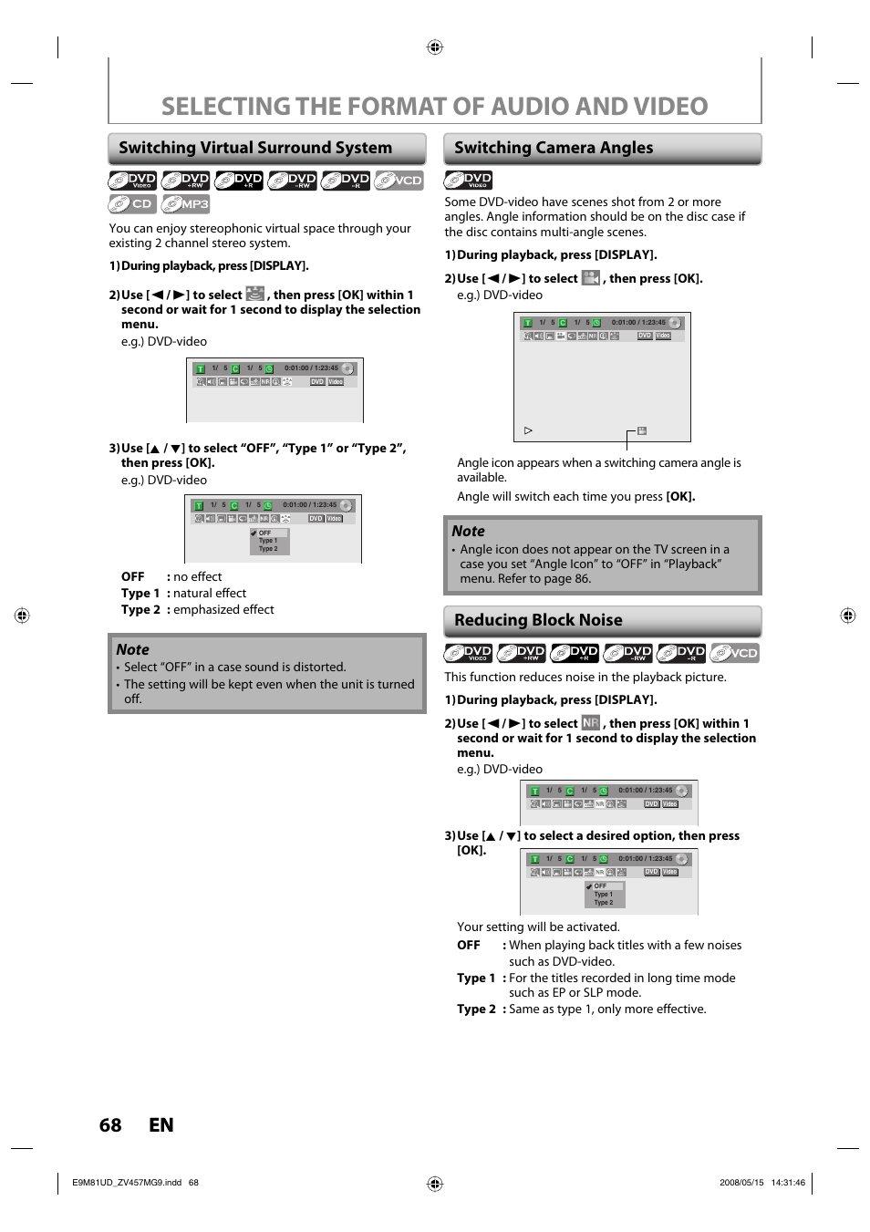Selecting the format of audio and video, 68 en 68 en, Switching virtual surround system | Switching camera angles reducing block noise | FUNAI ZV457MG9 User Manual | Page 70 / 110