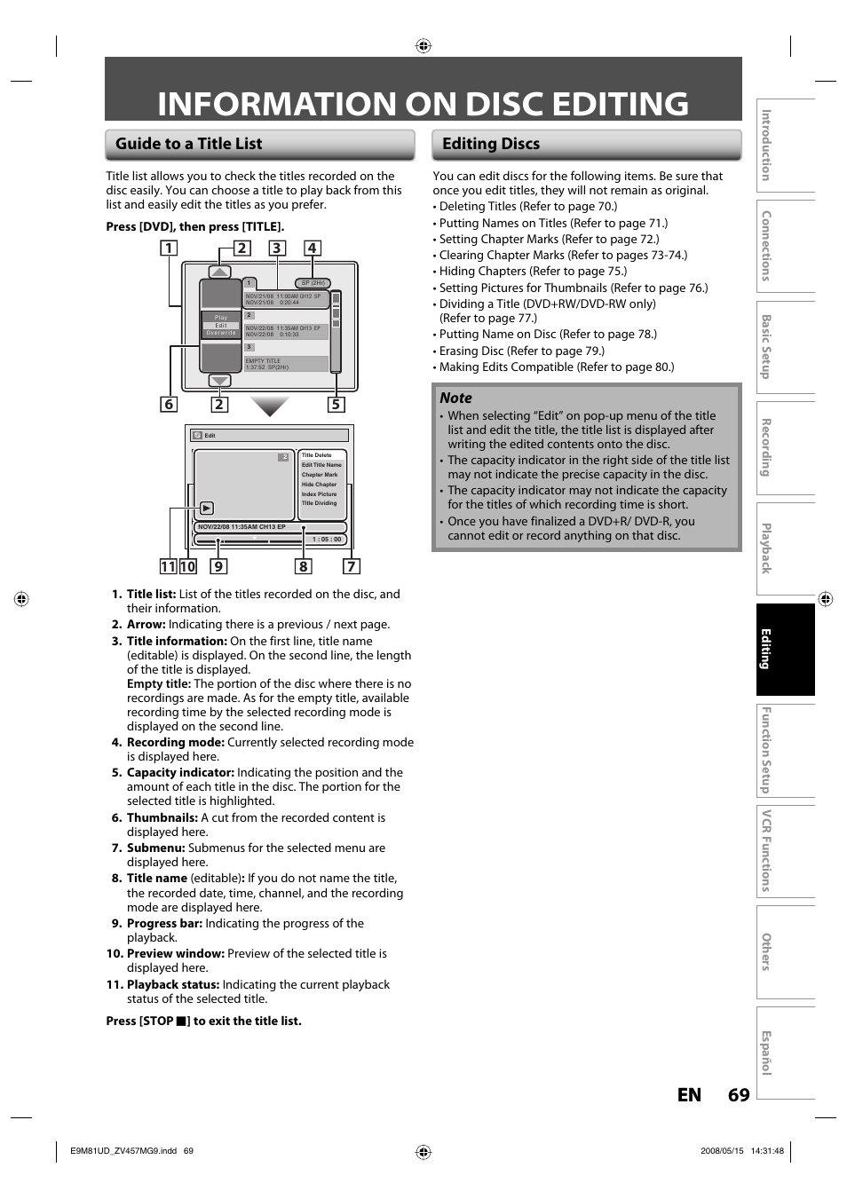 Information on disc editing, 69 en 69 en, Guide to a title list editing discs | FUNAI ZV457MG9 User Manual | Page 71 / 110