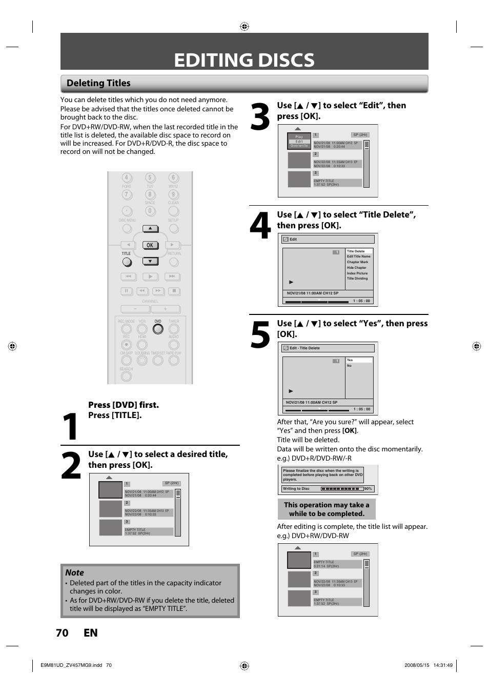 Editing discs, 70 en 70 en, Deleting titles | Use [ k / l ] to select “edit”, then press [ok, Use [ k / l ] to select “yes”, then press [ok, Press [dvd] first, Press [title | FUNAI ZV457MG9 User Manual | Page 72 / 110