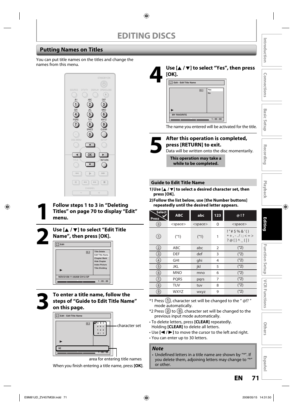 Editing discs, 71 en 71 en, Putting names on titles | Use [ k / l ] to select “yes”, then press [ok | FUNAI ZV457MG9 User Manual | Page 73 / 110