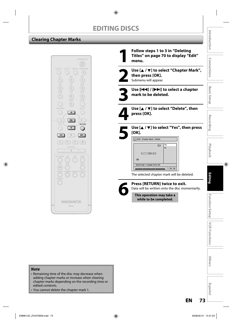 Editing discs, 73 en 73 en, Clearing chapter marks | FUNAI ZV457MG9 User Manual | Page 75 / 110
