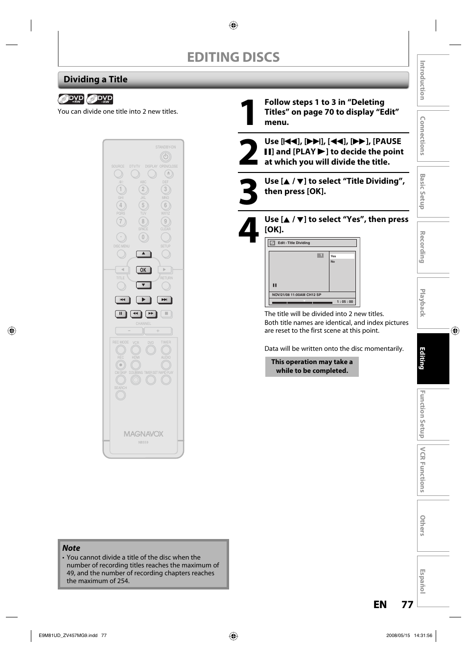 Editing discs, 77 en 77 en, Dividing a title | Use [ k / l ] to select “yes”, then press [ok | FUNAI ZV457MG9 User Manual | Page 79 / 110