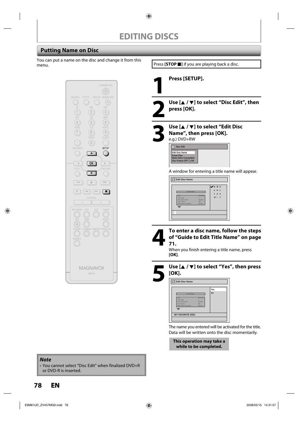 Editing discs, 78 en 78 en, Putting name on disc | Press [setup, Use [ k / l ] to select “yes”, then press [ok | FUNAI ZV457MG9 User Manual | Page 80 / 110