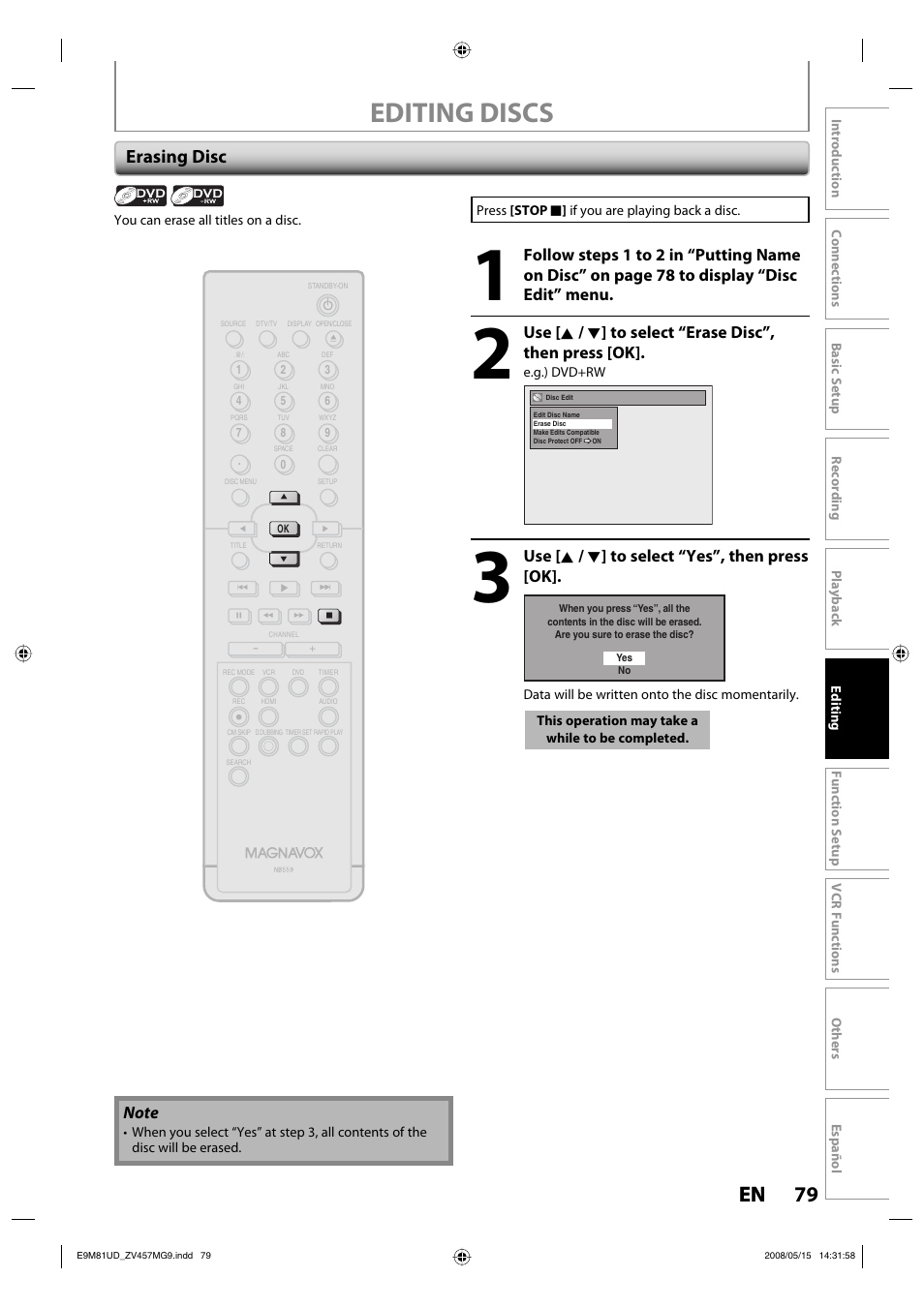 Editing discs, 79 en 79 en, Erasing disc | Use [ k / l ] to select “yes”, then press [ok | FUNAI ZV457MG9 User Manual | Page 81 / 110