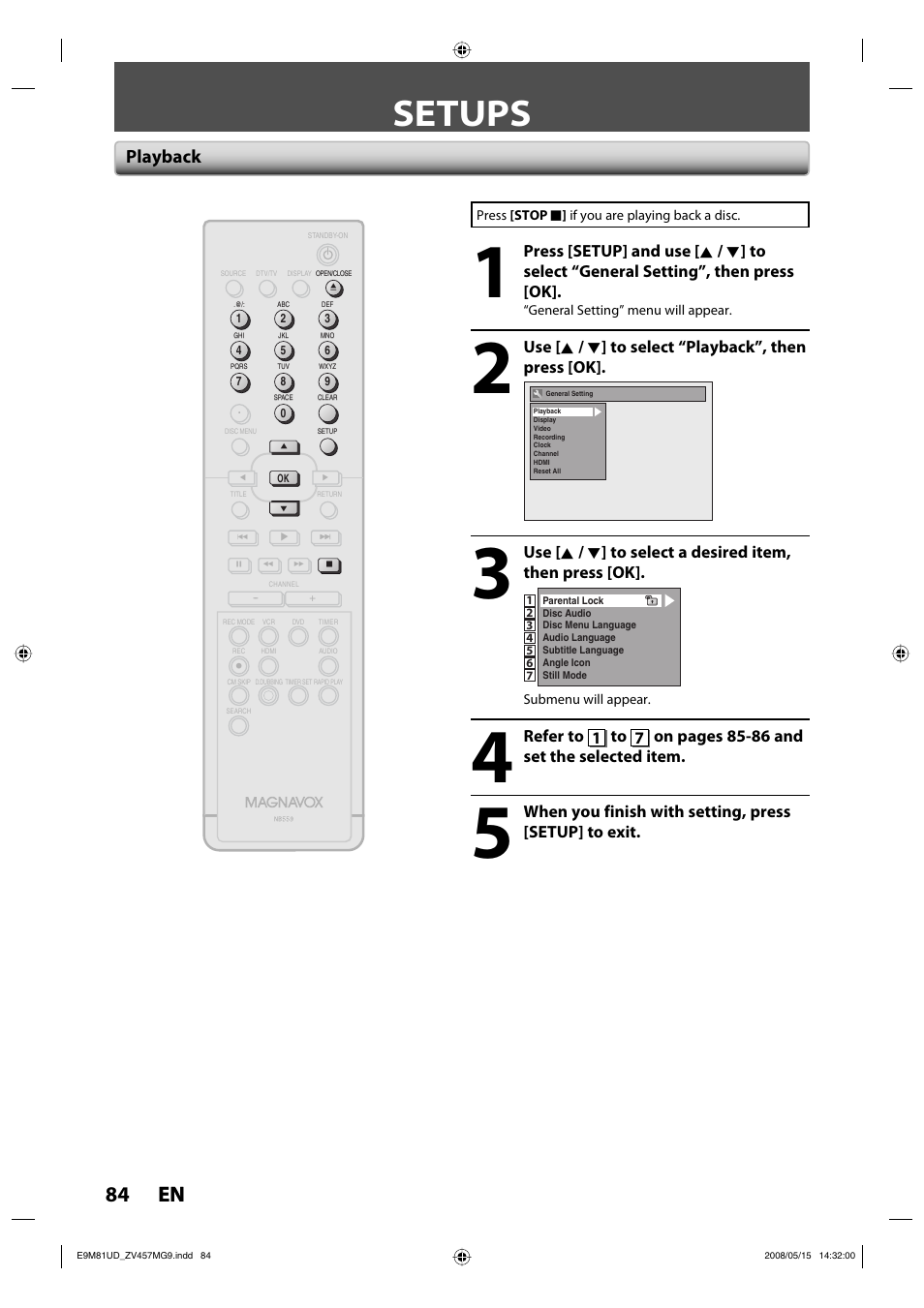 Setups, 84 en 84 en, Playback | Use [ k / l ] to select “playback”, then press [ok | FUNAI ZV457MG9 User Manual | Page 86 / 110