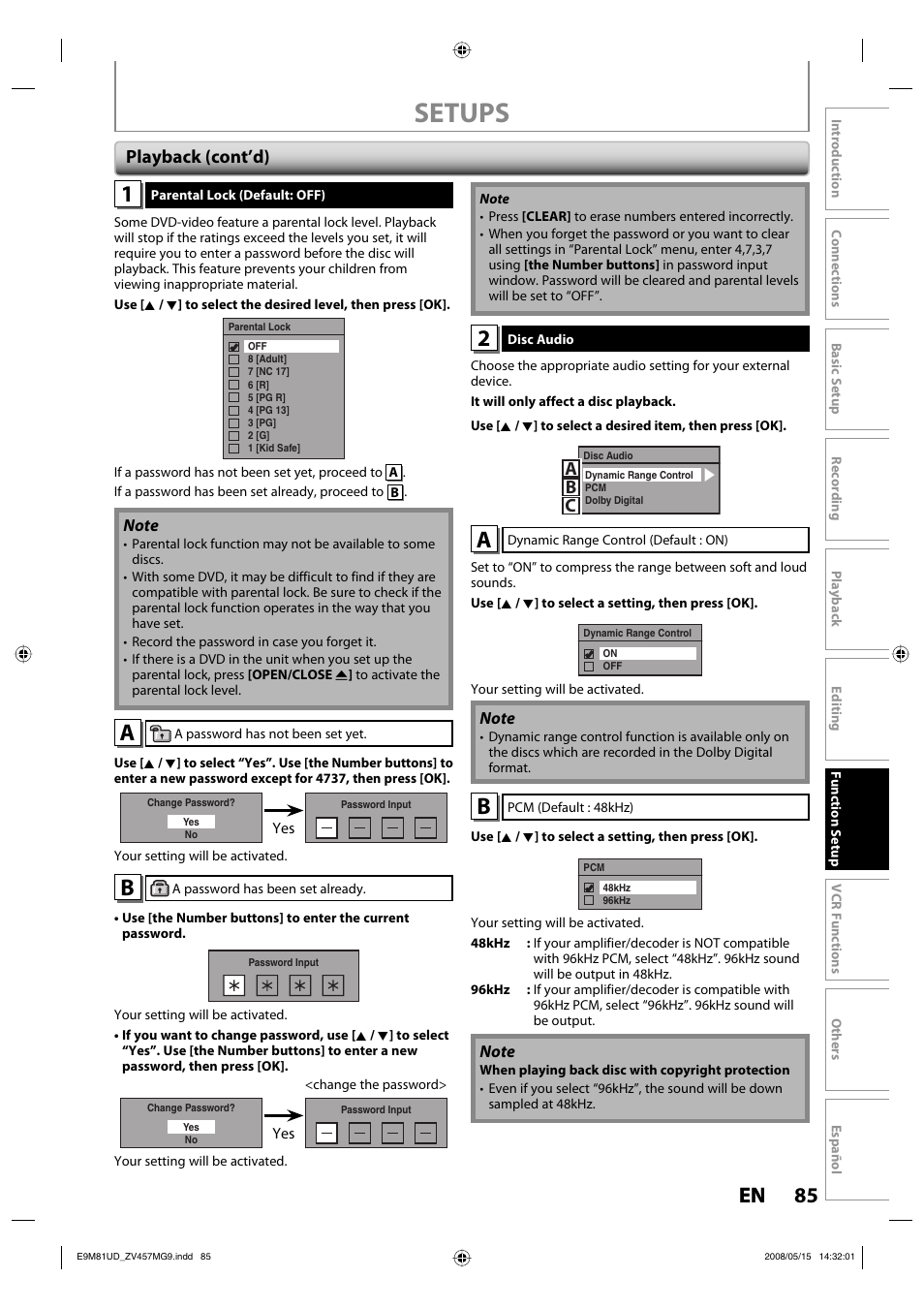 Setups, 85 en 85 en, Ab c | Playback (cont’d) | FUNAI ZV457MG9 User Manual | Page 87 / 110