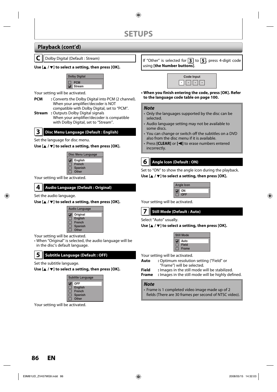 Setups, 86 en 86 en, Playback (cont’d) | FUNAI ZV457MG9 User Manual | Page 88 / 110