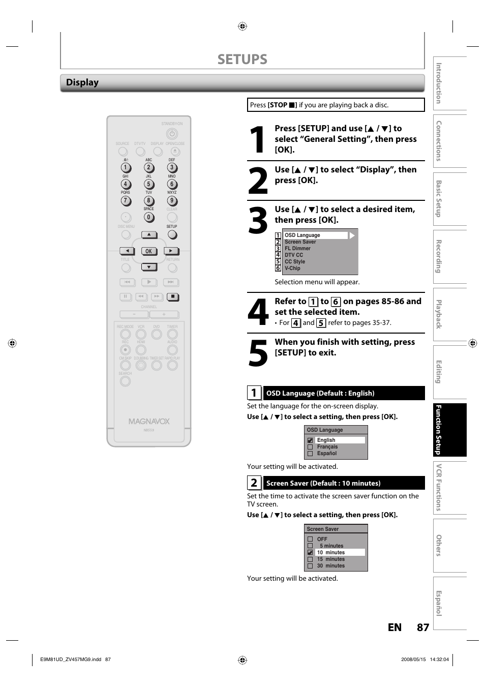 Setups, 87 en 87 en, Display | FUNAI ZV457MG9 User Manual | Page 89 / 110