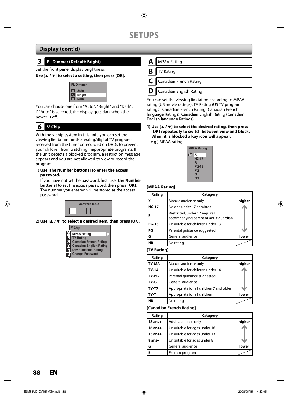 Setups, 88 en 88 en, Display (cont’d) | FUNAI ZV457MG9 User Manual | Page 90 / 110