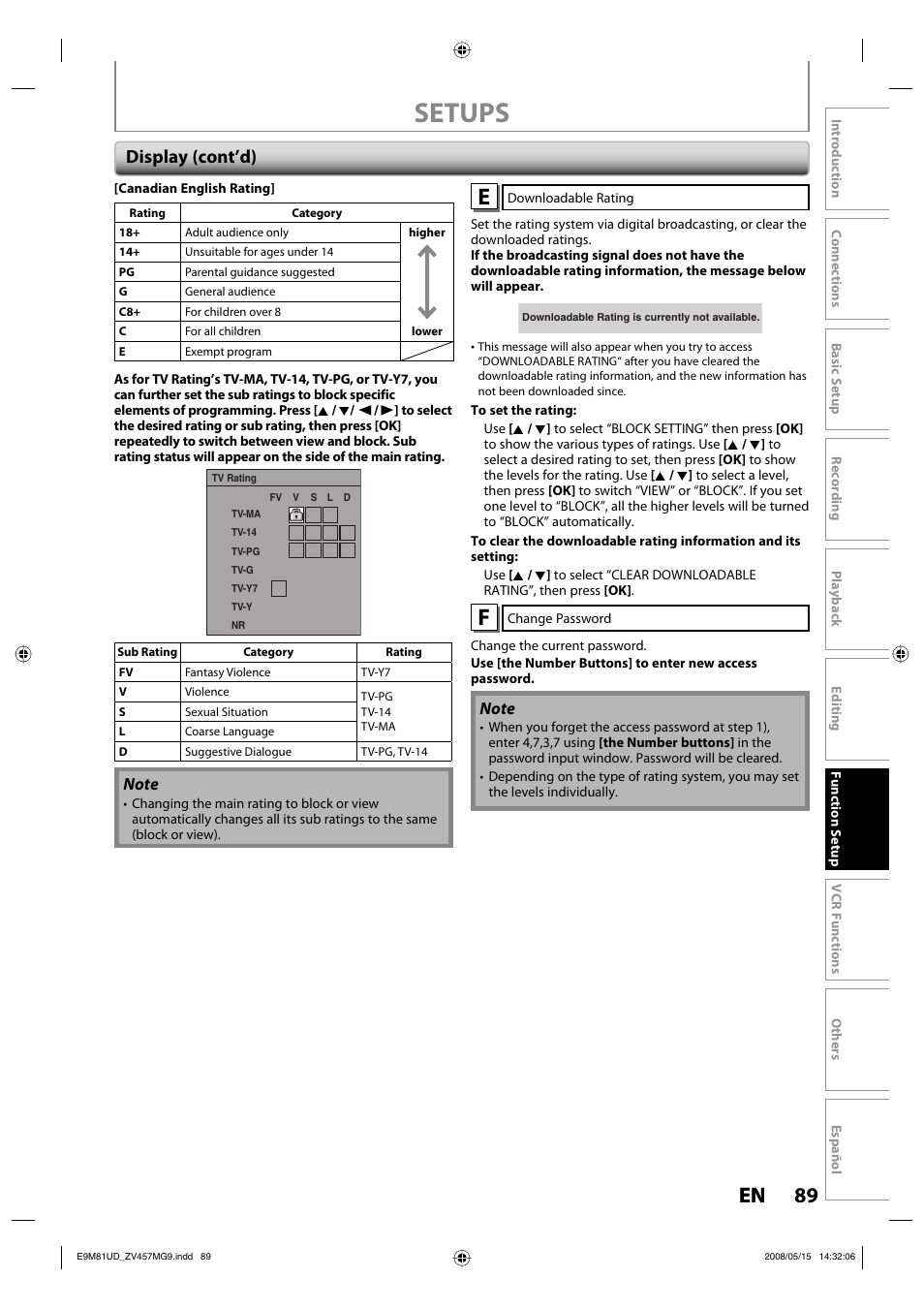 Setups, 89 en 89 en, Display (cont’d) | FUNAI ZV457MG9 User Manual | Page 91 / 110