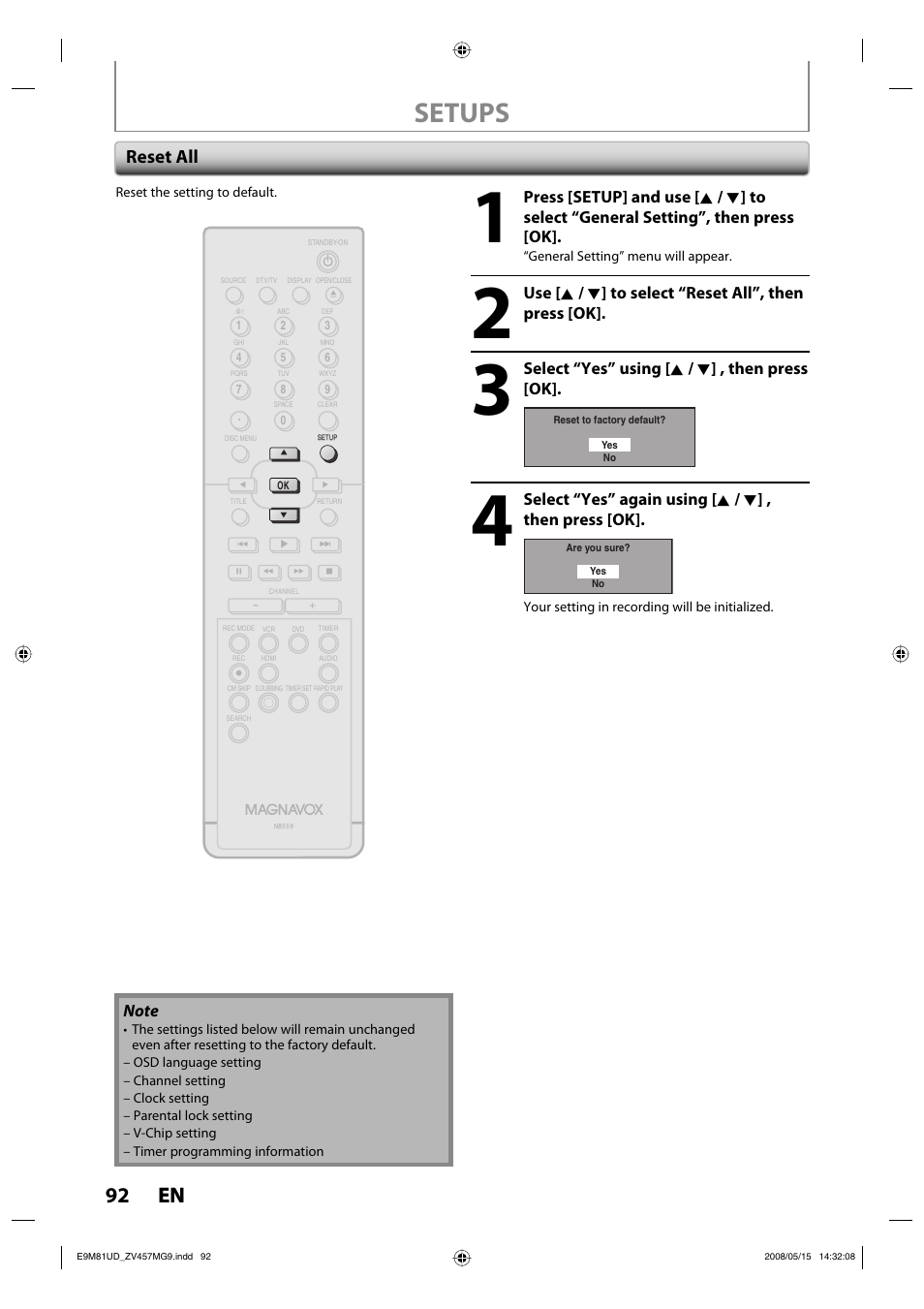 Setups, 92 en 92 en, Reset all | FUNAI ZV457MG9 User Manual | Page 94 / 110