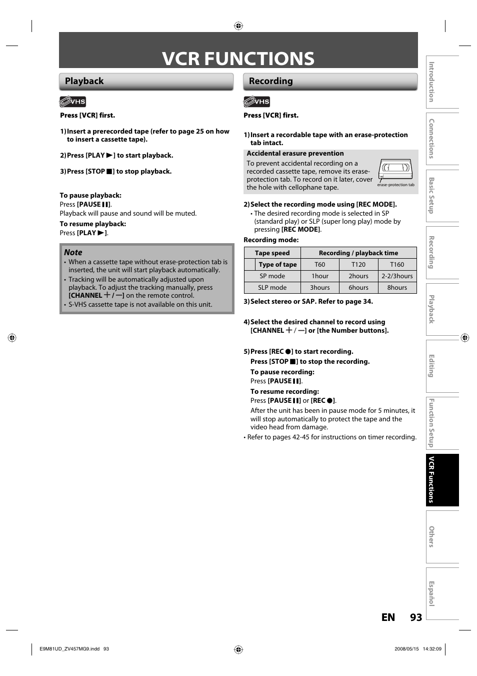 Vcr functions, 93 en 93 en, Playback recording | FUNAI ZV457MG9 User Manual | Page 95 / 110