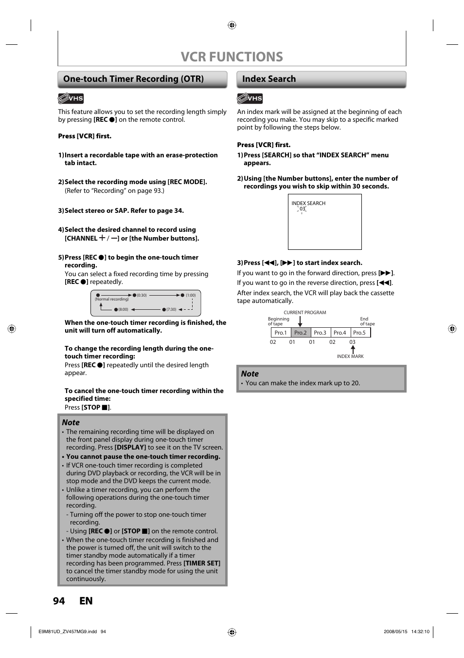 Vcr functions, 94 en 94 en, One-touch timer recording (otr) index search | FUNAI ZV457MG9 User Manual | Page 96 / 110