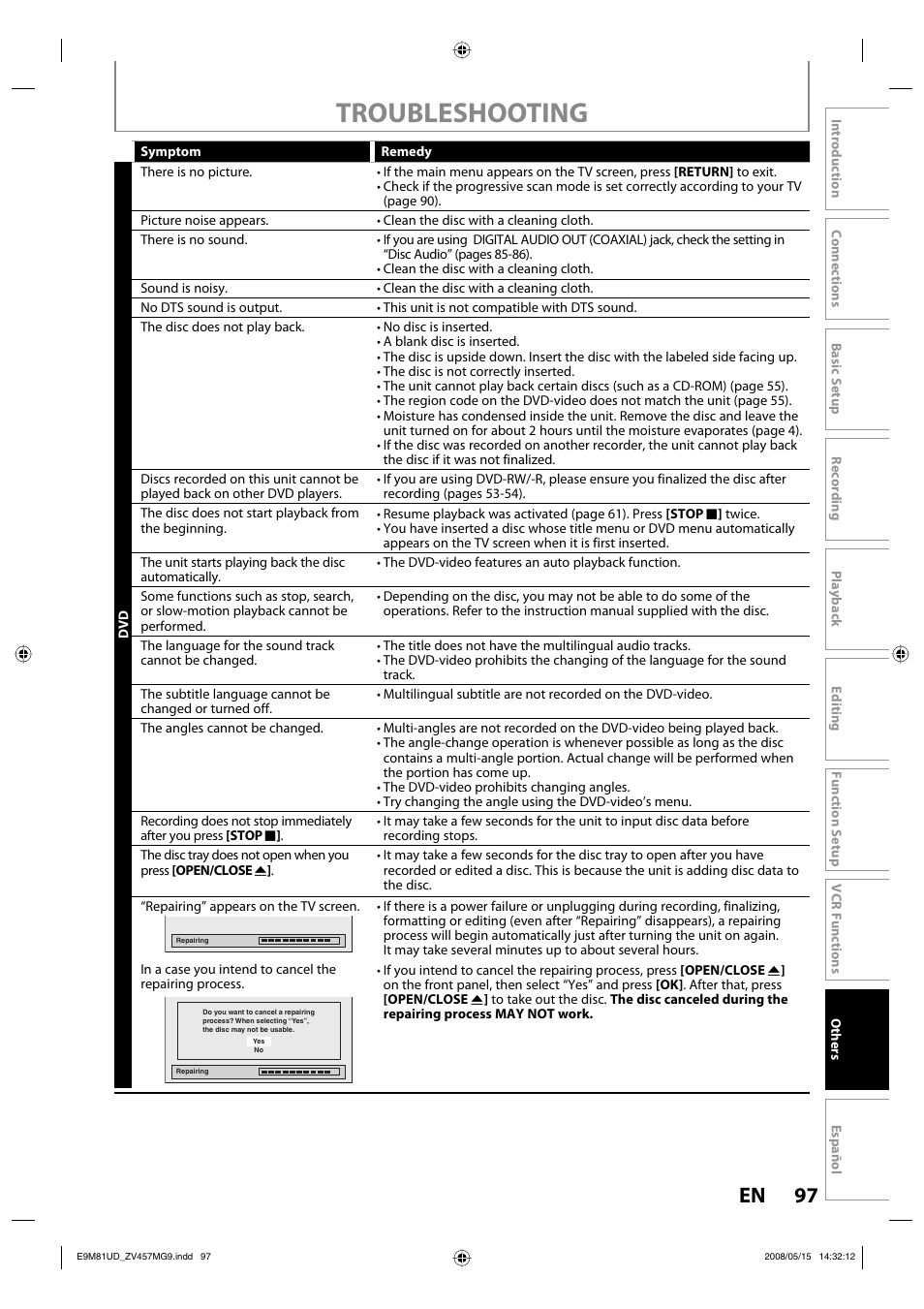 Troubleshooting, 97 en | FUNAI ZV457MG9 User Manual | Page 99 / 110