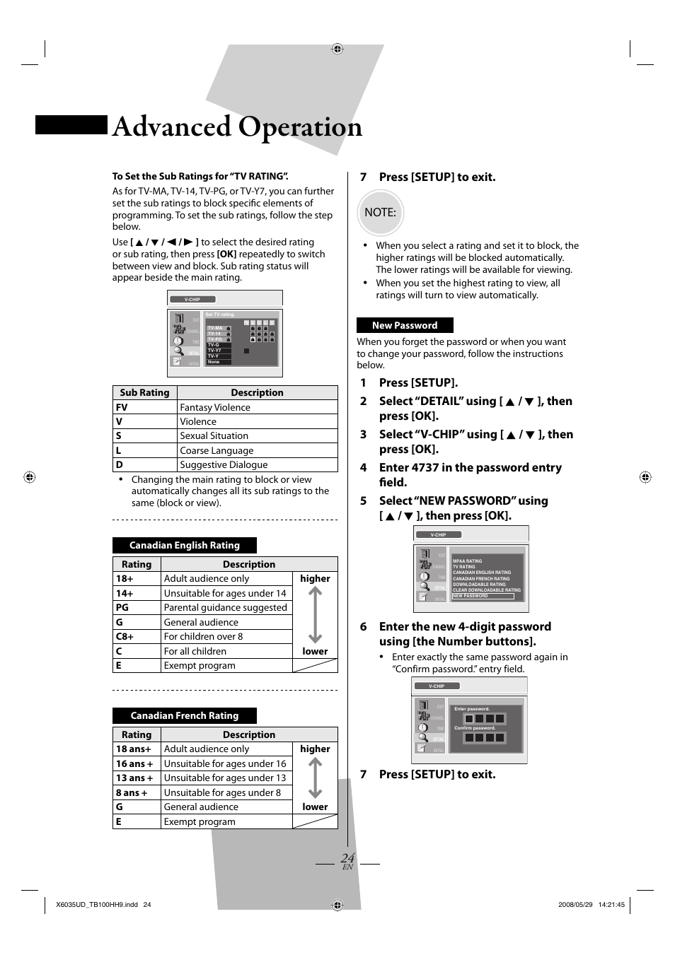 Advanced operation, 7 press [setup] to exit | FUNAI TB100HH9 User Manual | Page 24 / 32