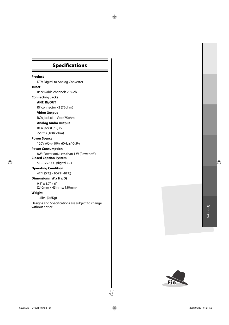 Specifi cations | FUNAI TB100HH9 User Manual | Page 31 / 32