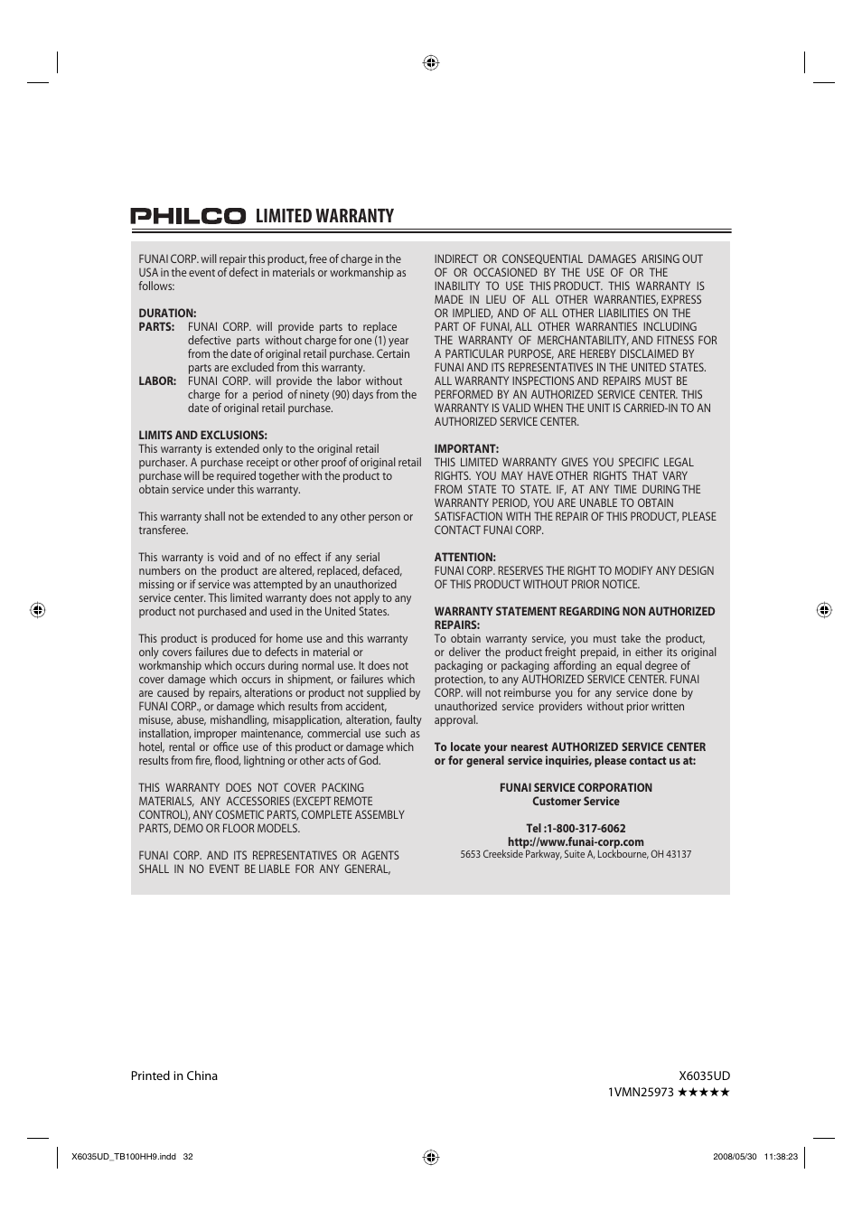 Limited warranty | FUNAI TB100HH9 User Manual | Page 32 / 32