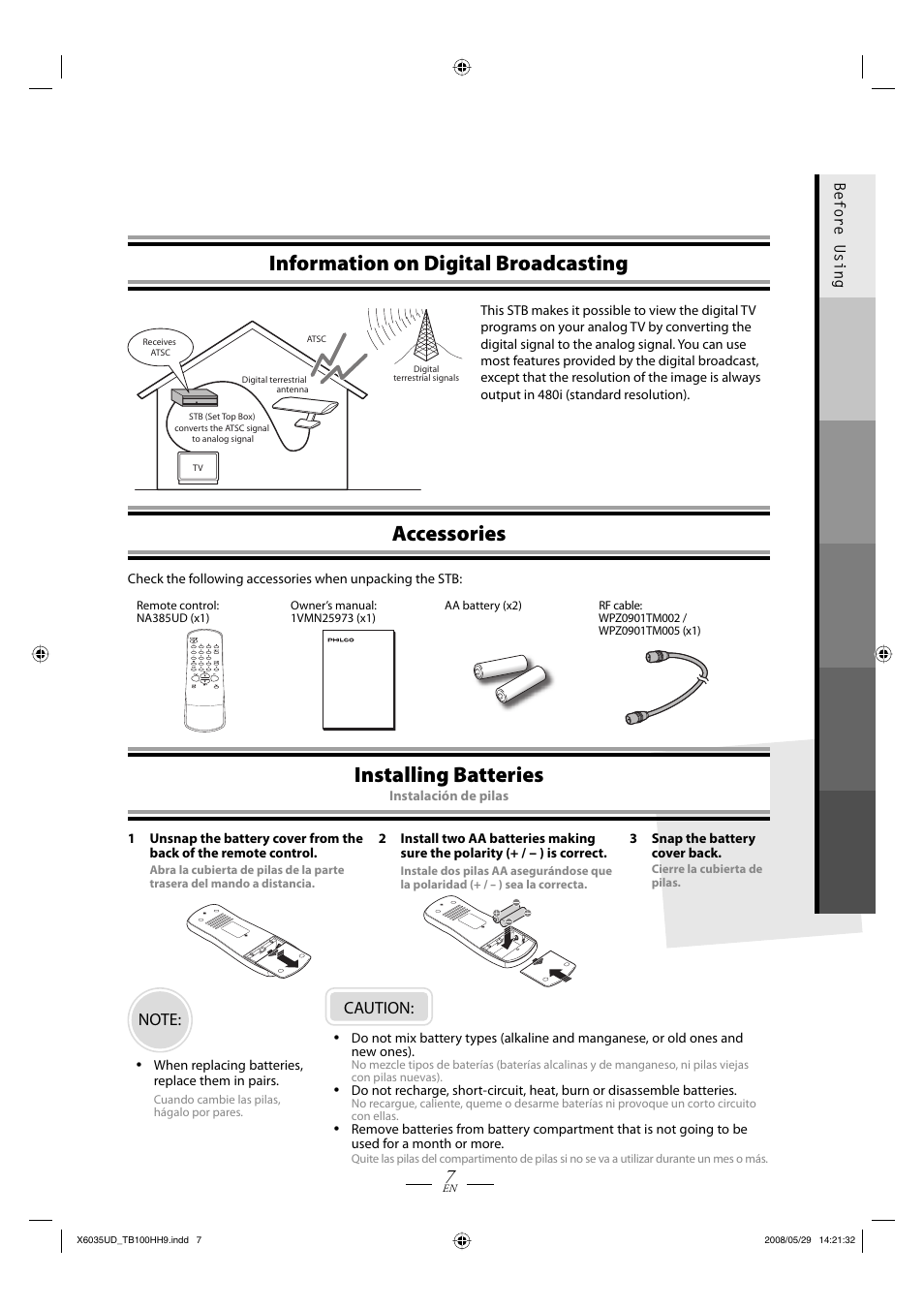 Information on digital broadcasting, Accessories, Installing batteries | Caution | FUNAI TB100HH9 User Manual | Page 7 / 32