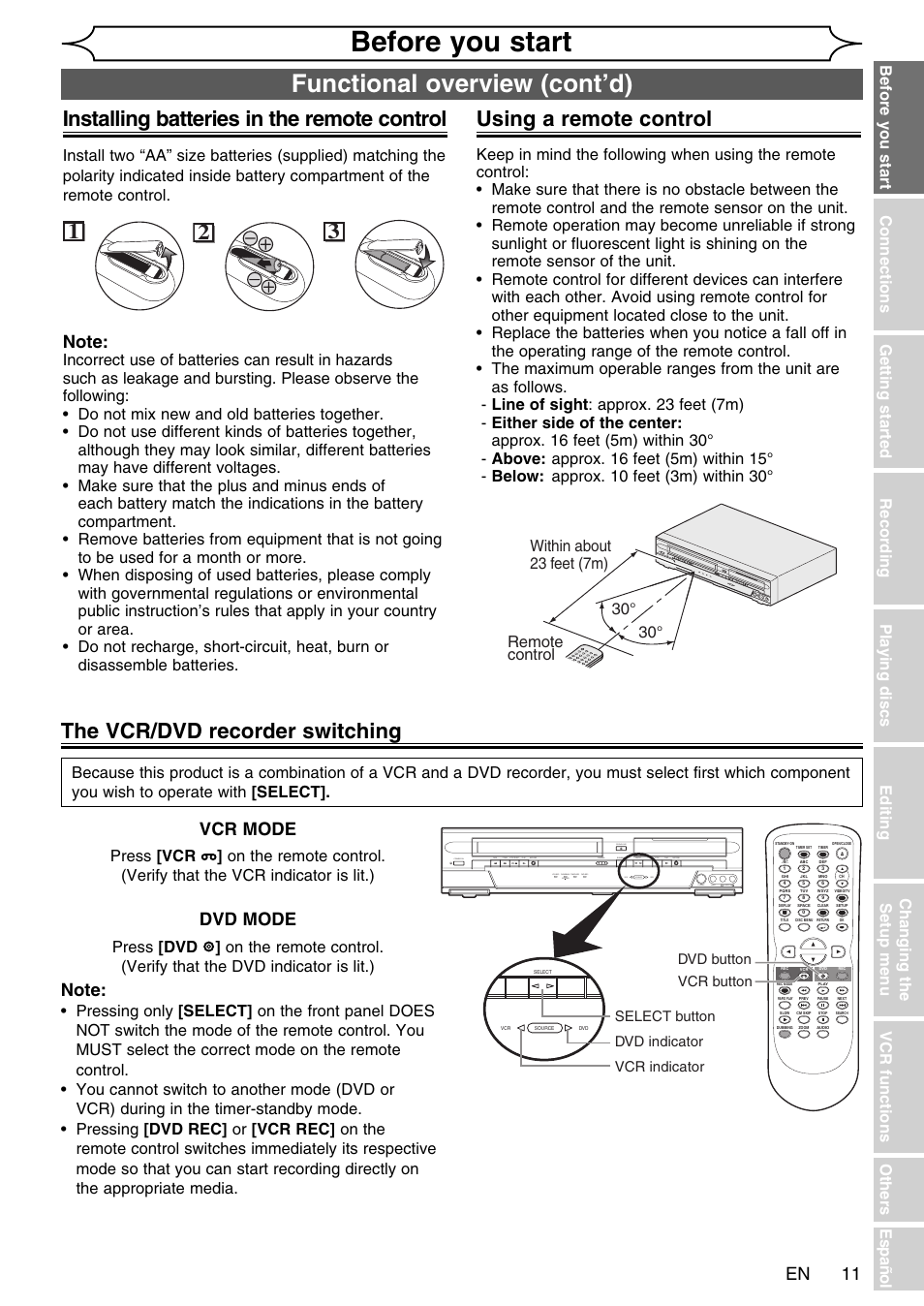 Before you start, Functional overview (cont’d), Using a remote control | Installing batteries in the remote control, The vcr/dvd recorder switching, Vcr mode dvd mode | FUNAI SV2000 WV20V6 User Manual | Page 11 / 90