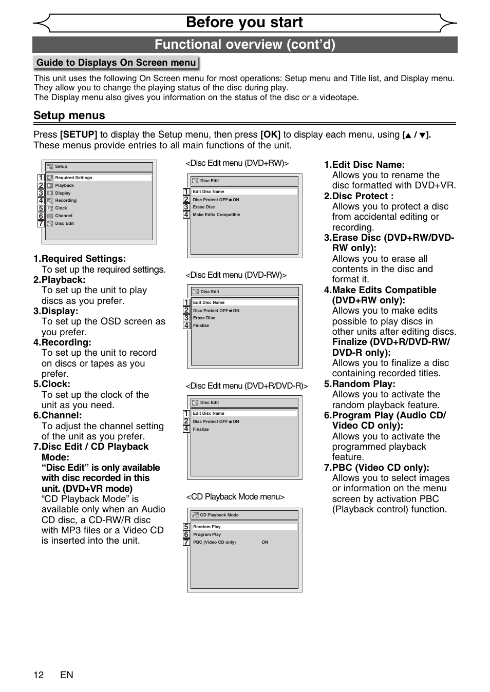 Before you start, Functional overview (cont’d), Setup menus | FUNAI SV2000 WV20V6 User Manual | Page 12 / 90