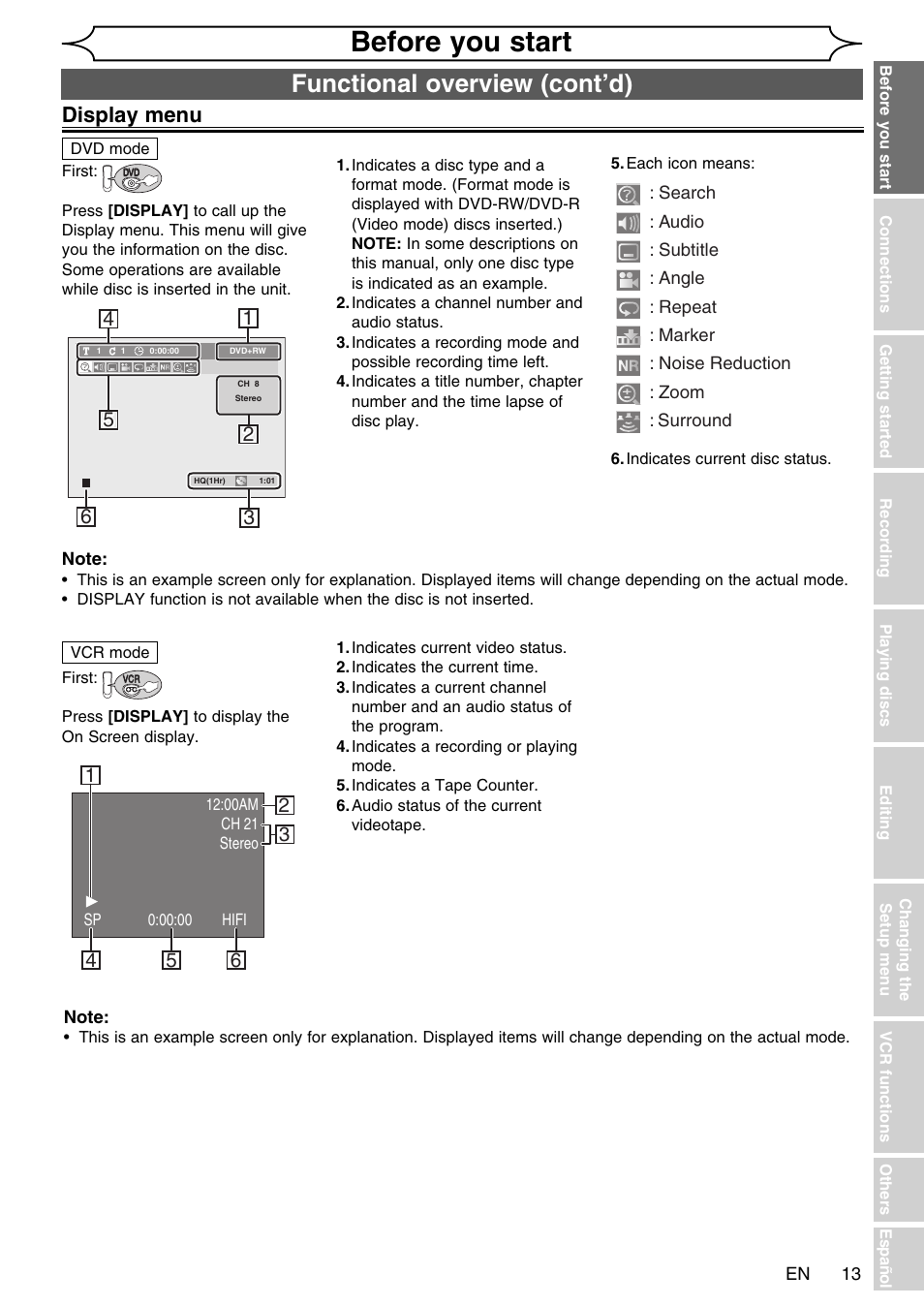 Before you start, Functional overview (cont’d), Display menu | FUNAI SV2000 WV20V6 User Manual | Page 13 / 90