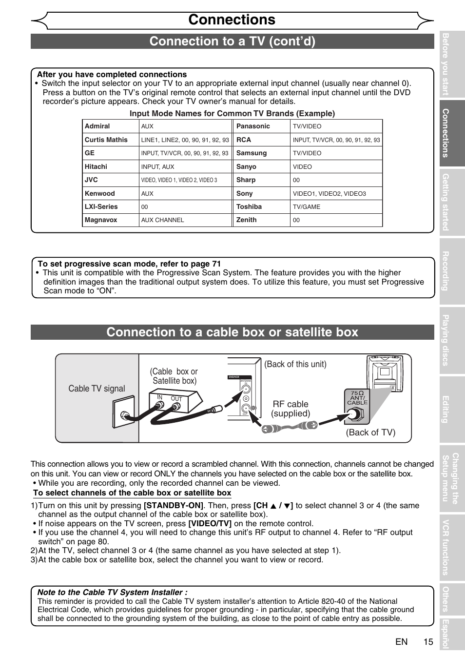 Connections, Connection to a cable box or satellite box, Connection to a tv (cont’d) | Rf cable (supplied) (back of this unit) | FUNAI SV2000 WV20V6 User Manual | Page 15 / 90