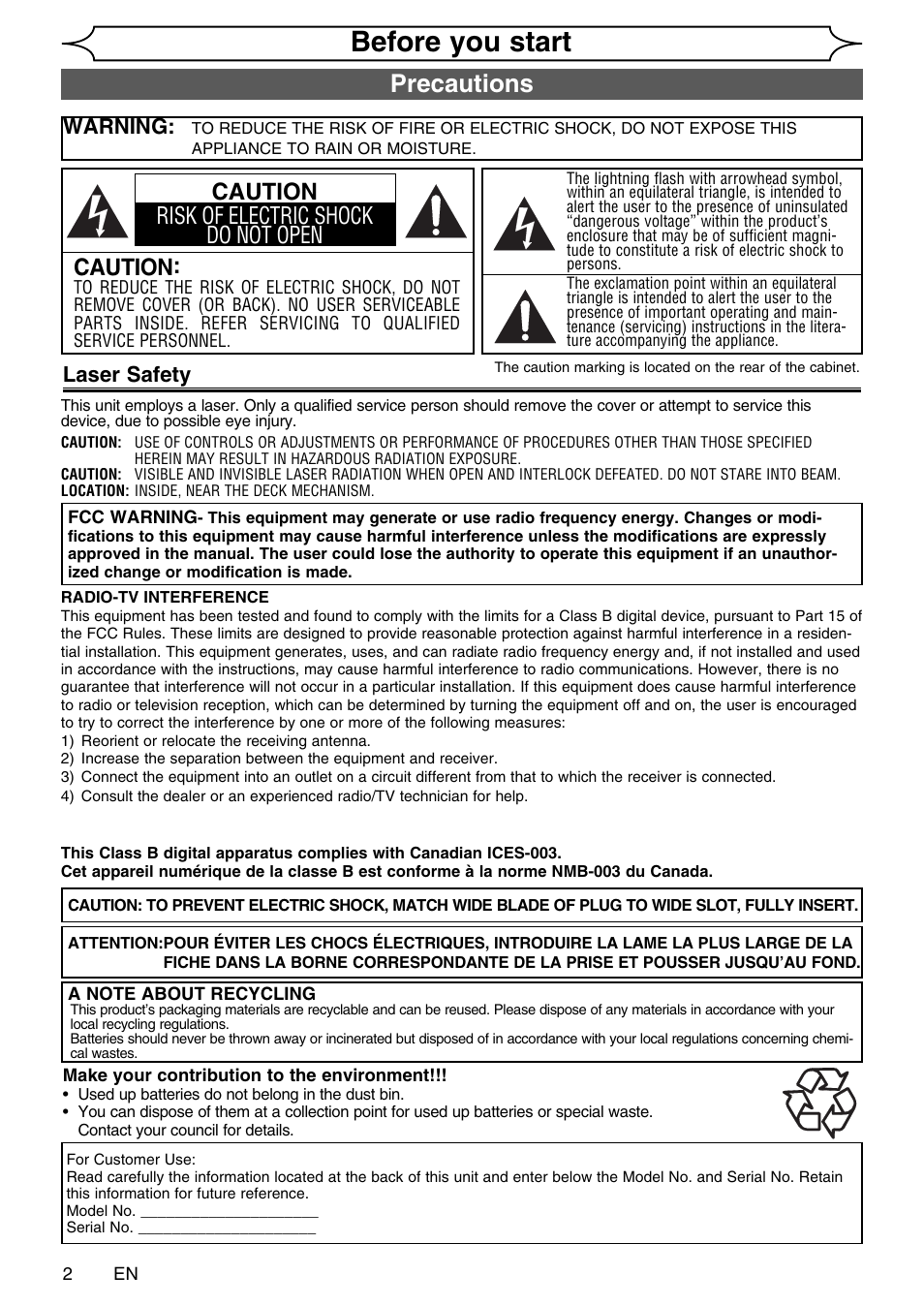 Before you start, Precautions, Caution | Caution risk of electric shock do not open, Laser safety, Warning | FUNAI SV2000 WV20V6 User Manual | Page 2 / 90