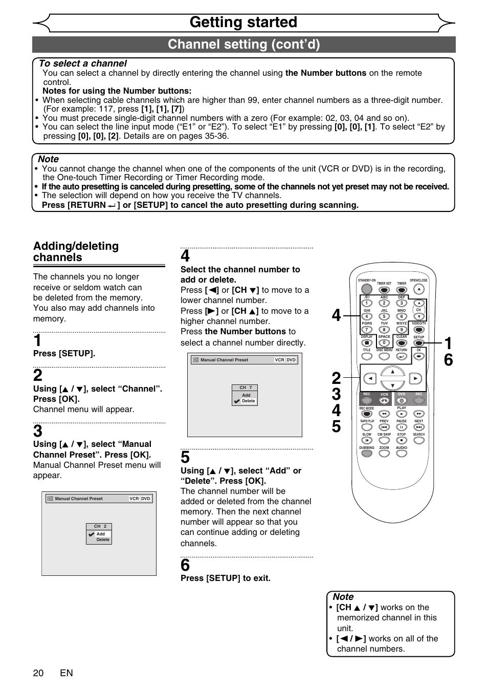 Getting started, Channel setting (cont’d), Adding/deleting channels | 20 en | FUNAI SV2000 WV20V6 User Manual | Page 20 / 90