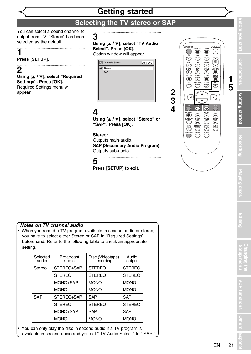 Getting started, Selecting the tv stereo or sap | FUNAI SV2000 WV20V6 User Manual | Page 21 / 90