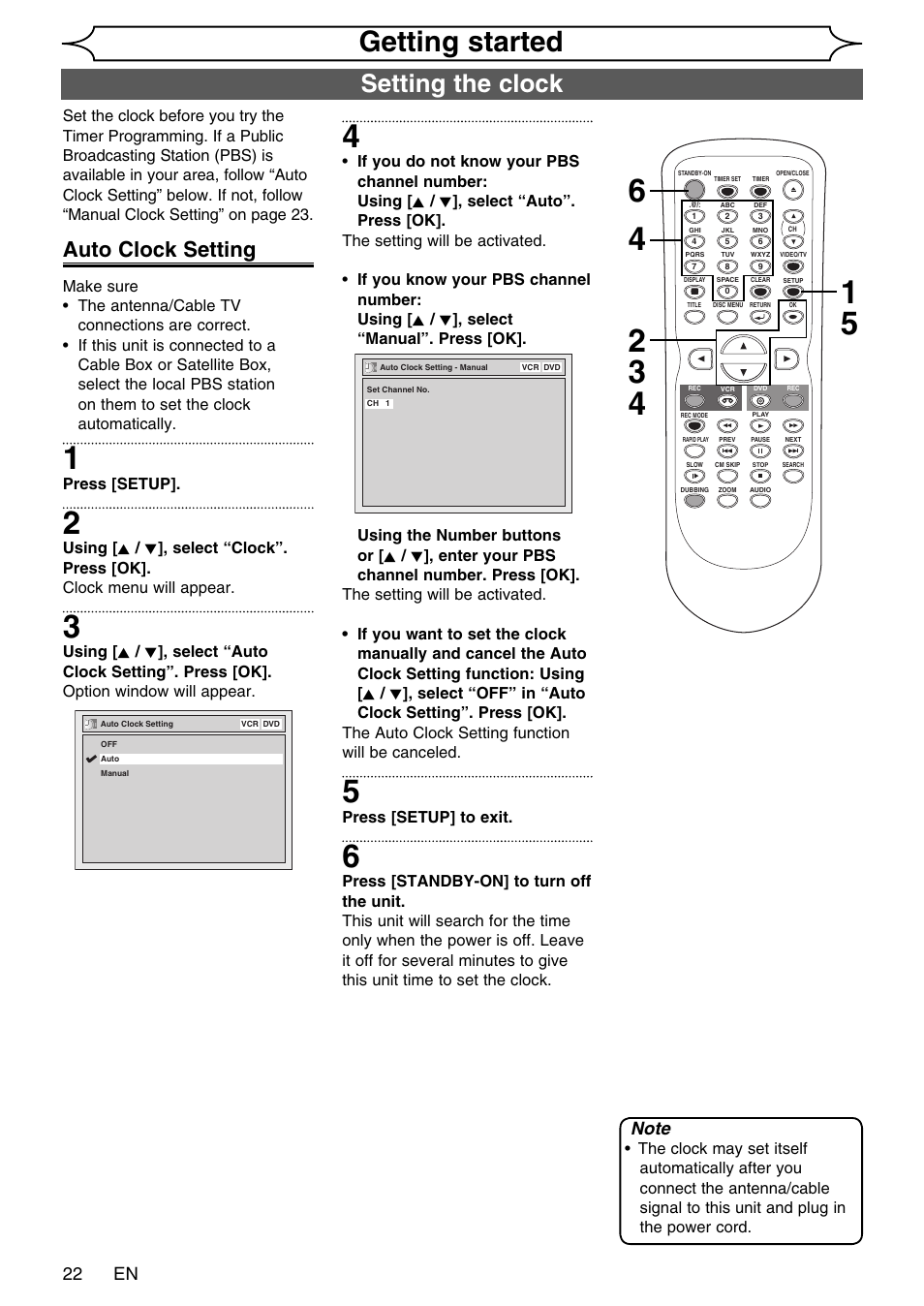 Getting started, Setting the clock, Auto clock setting | 22 en | FUNAI SV2000 WV20V6 User Manual | Page 22 / 90