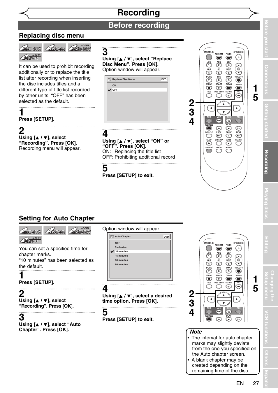 Recording, Before recording, Replacing disc menu | Setting for auto chapter, Press [setup, Press [setup] to exit, Using [ k / l ], select “recording”. press [ok | FUNAI SV2000 WV20V6 User Manual | Page 27 / 90